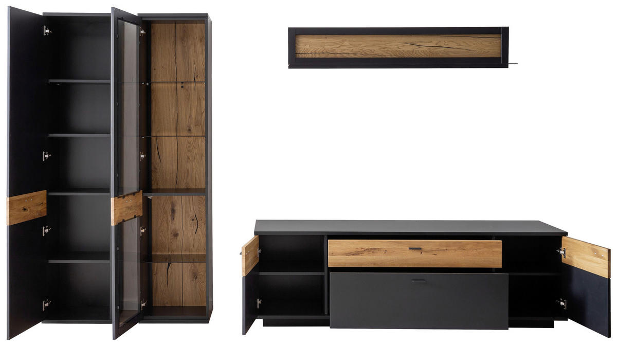 Set Mobilă Living, gri, negru, 305/201/50 cm - negru/gri, Design, sticlă/metal (305/201/50cm) - Novel