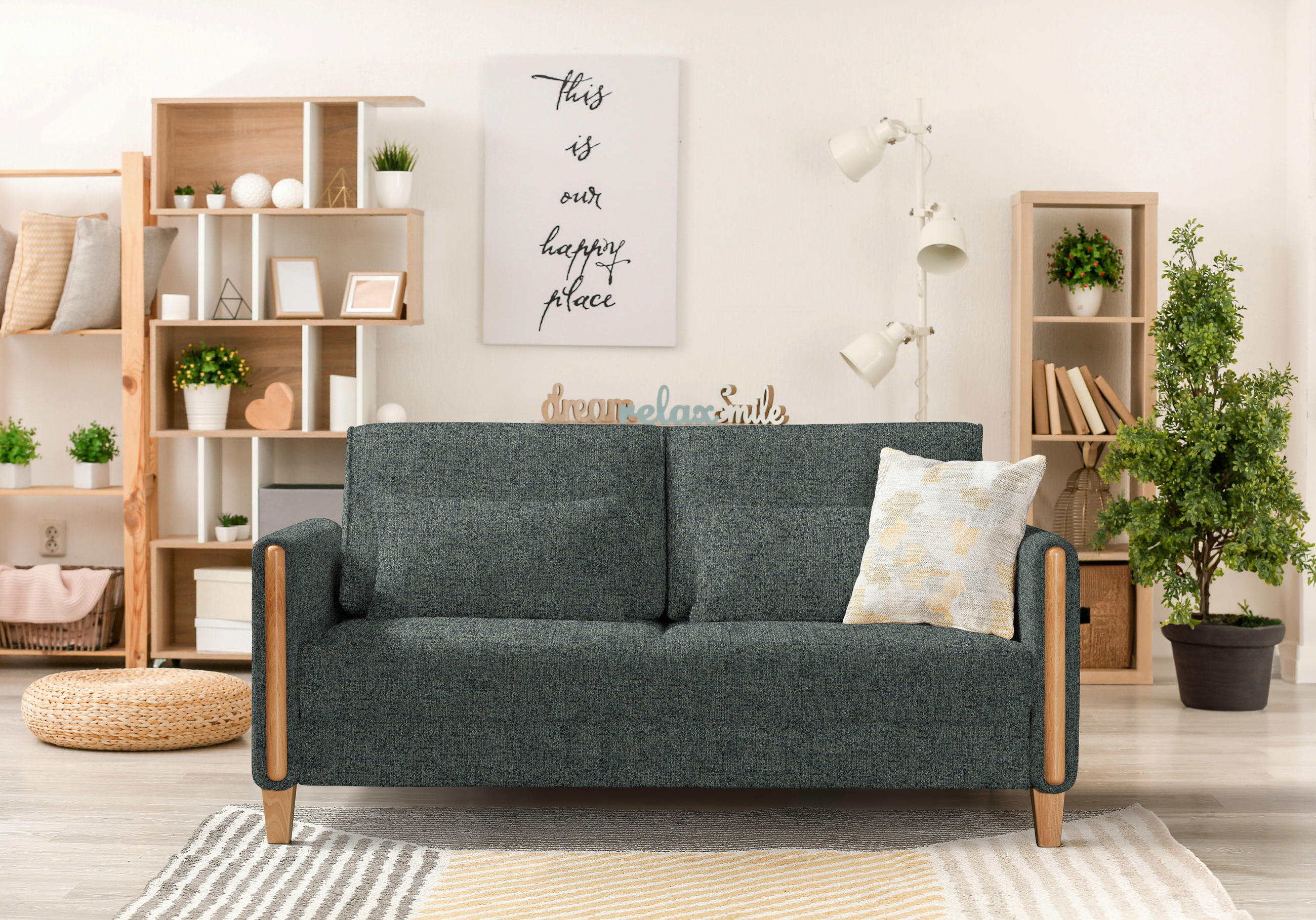 SCHLAFSOFA Webstoff Grau, Grün, Buchefarben  - Buchefarben/Grau, Design, Holz/Textil (174/88/104cm) - Niels Andersson