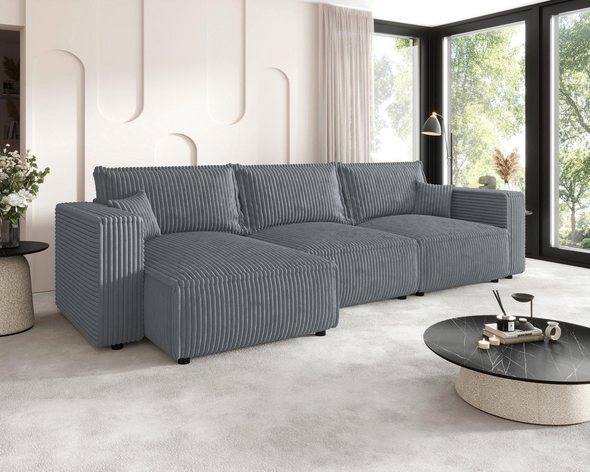 ECKSOFA Grau Cord Zierkissen, Rückenkissen, Schlaffunktion, Rücken echt  - Schwarz/Grau, MODERN, Kunststoff/Textil (350/168cm) - Xora