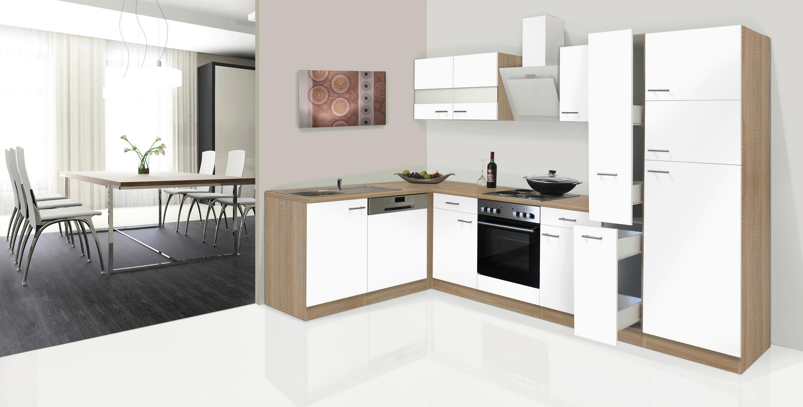 ECKKÜCHE 172/310 cm - Eichefarben/weiss, Basics, Glas/Holzwerkstoff (172/310cm) - Respekta