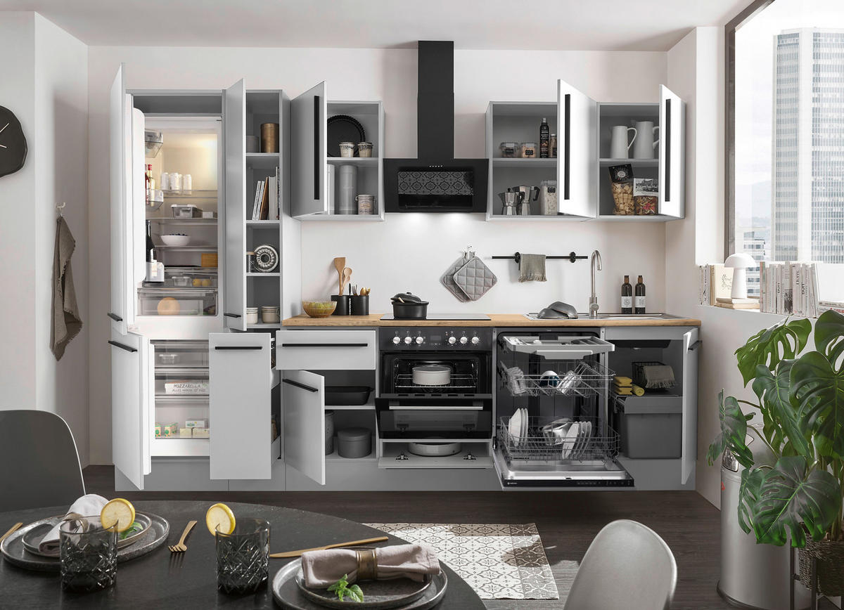 KÜCHENBLOCK 310 cm   in Weiß, Eichefarben  - Eichefarben/Schwarz, Design, Holzwerkstoff/Kunststoff (310cm) - MID.YOU