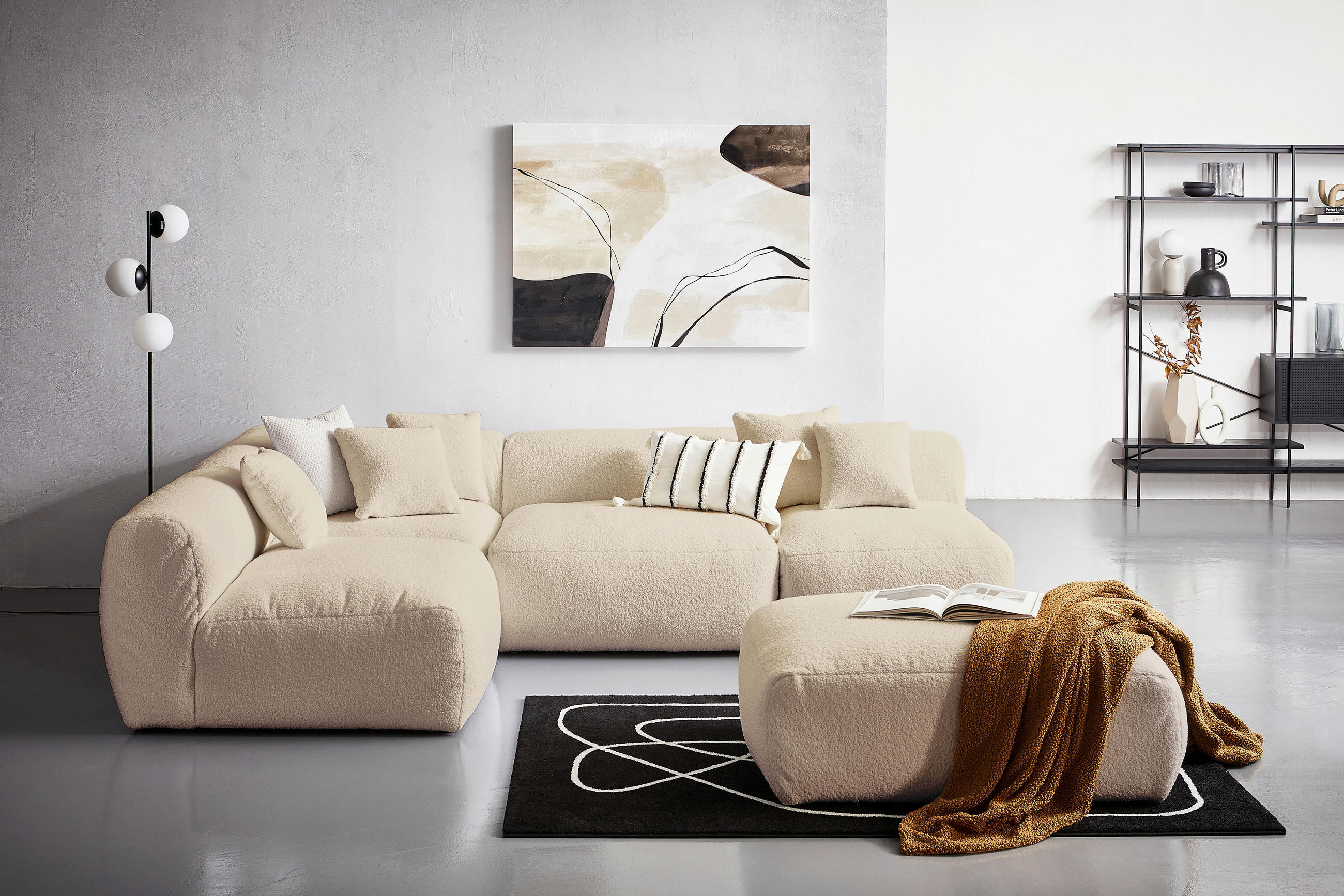 ECKSOFA inkl. Hocker in Flachgewebe, Teddystoff Beige  - Beige, Trend, Textil (215/300cm) - Livetastic