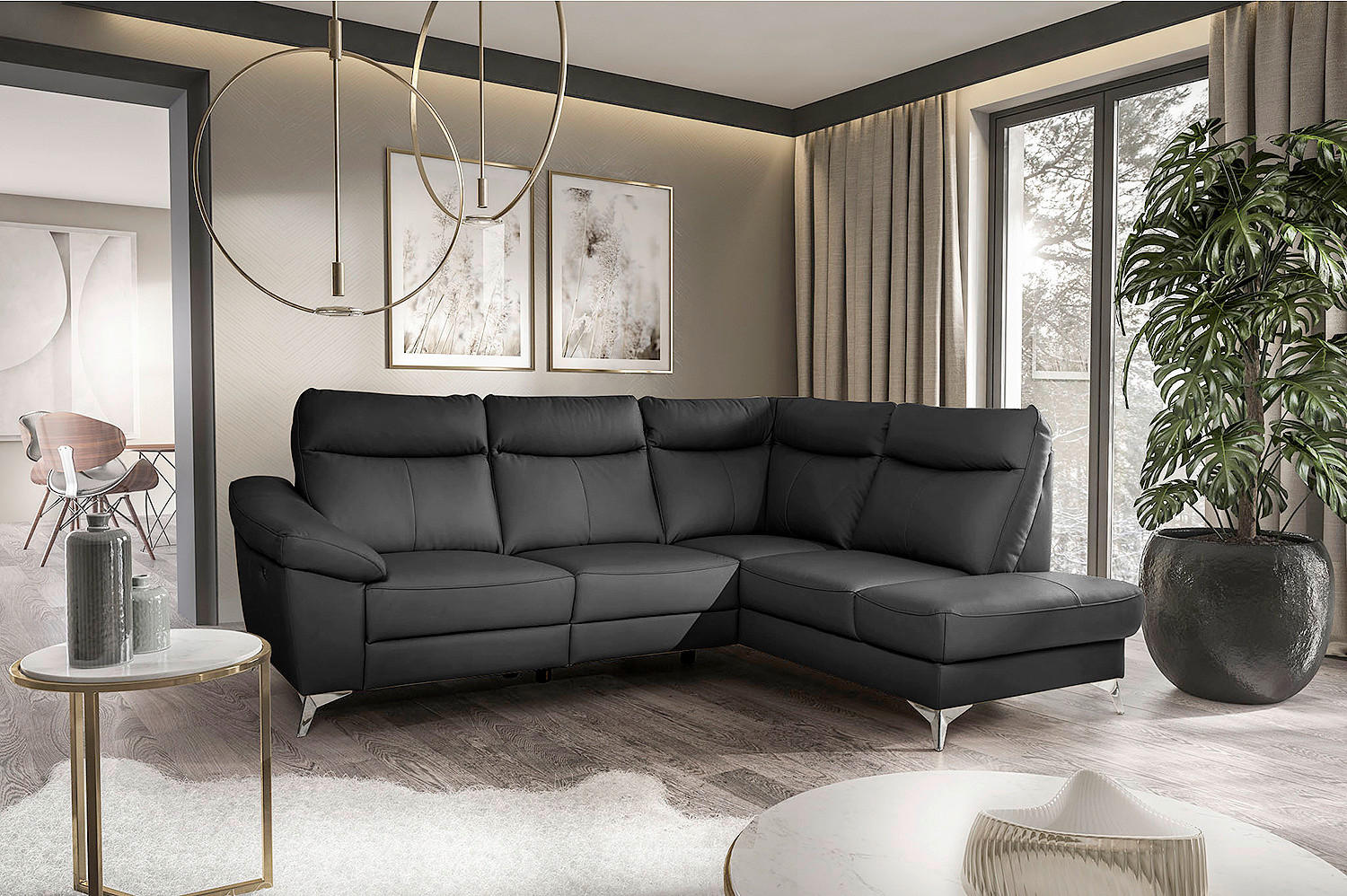 ECKSOFA Schwarz Echtleder Lederlook Bettkasten, Rücken echt, Relaxfunktion  - Chromfarben/Schwarz, Design, Leder/Textil (242/194cm) - Livetastic
