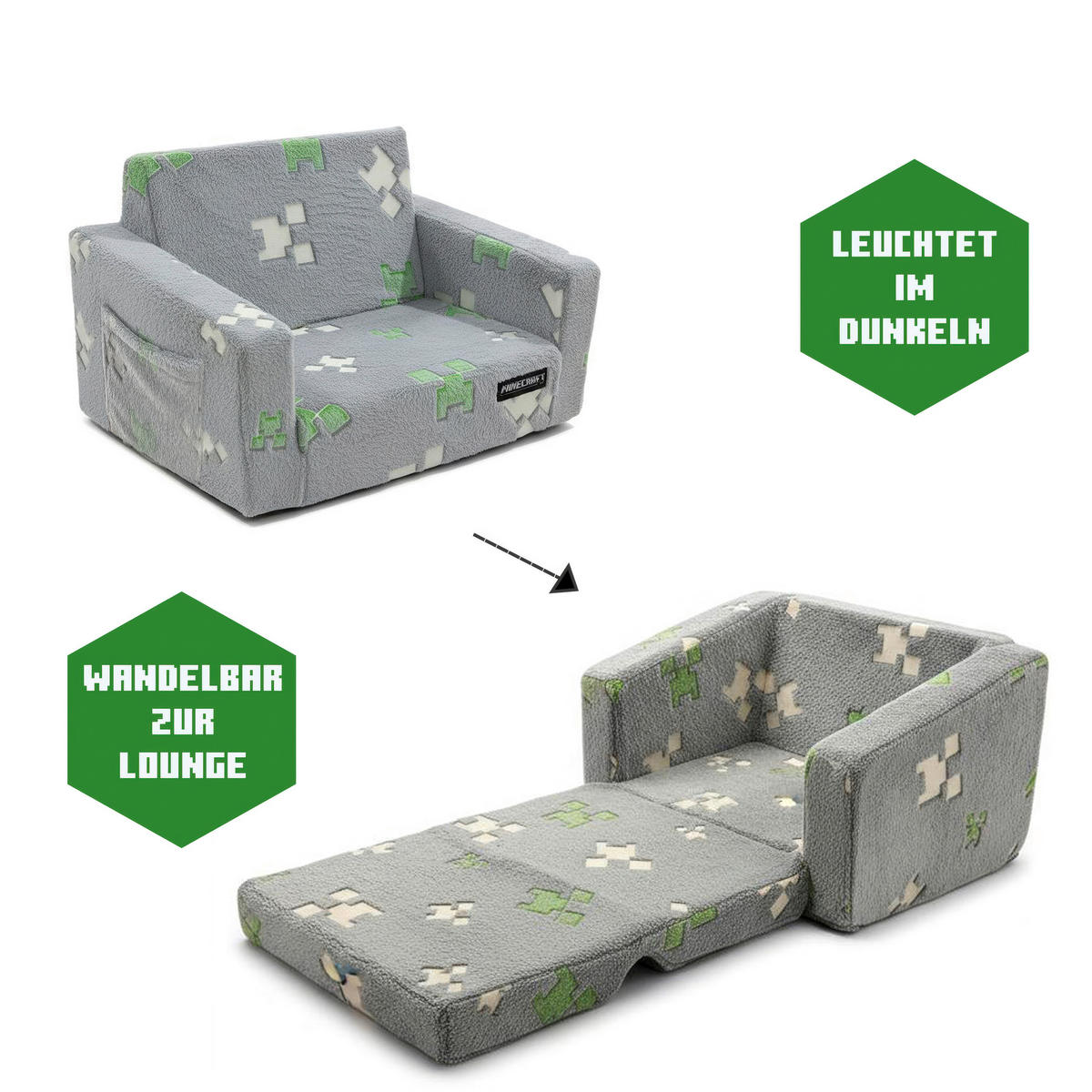 JUGEND- UND KINDERSOFA Minecraft in Grau  - Grau, Trend, Textil (105/58/41cm) - Minecraft