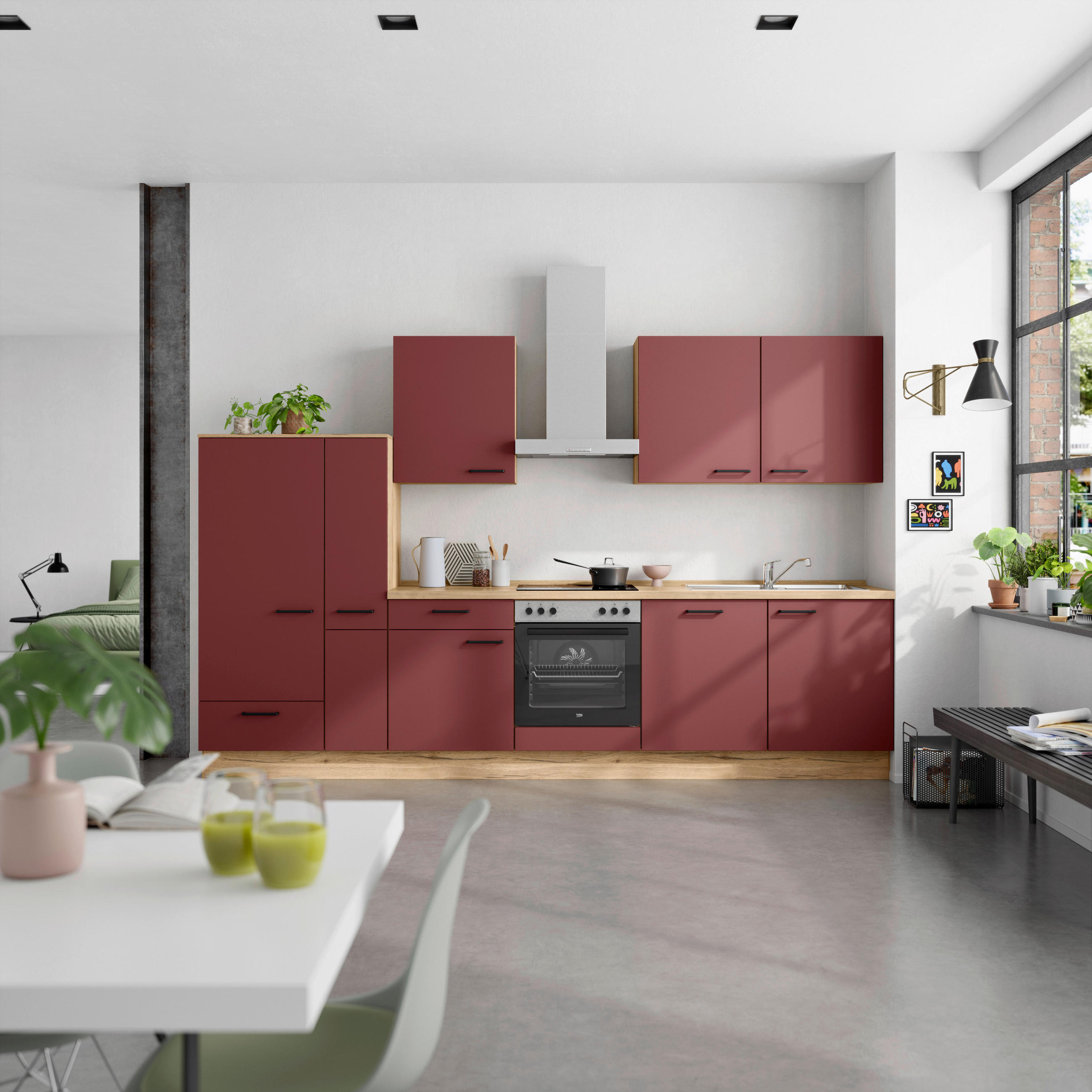 KÜCHENBLOCK 330 cm   in Eichefarben, Dunkelrot  - Eichefarben/Schwarz, MODERN, Holzwerkstoff/Metall (330cm) - Nobilia