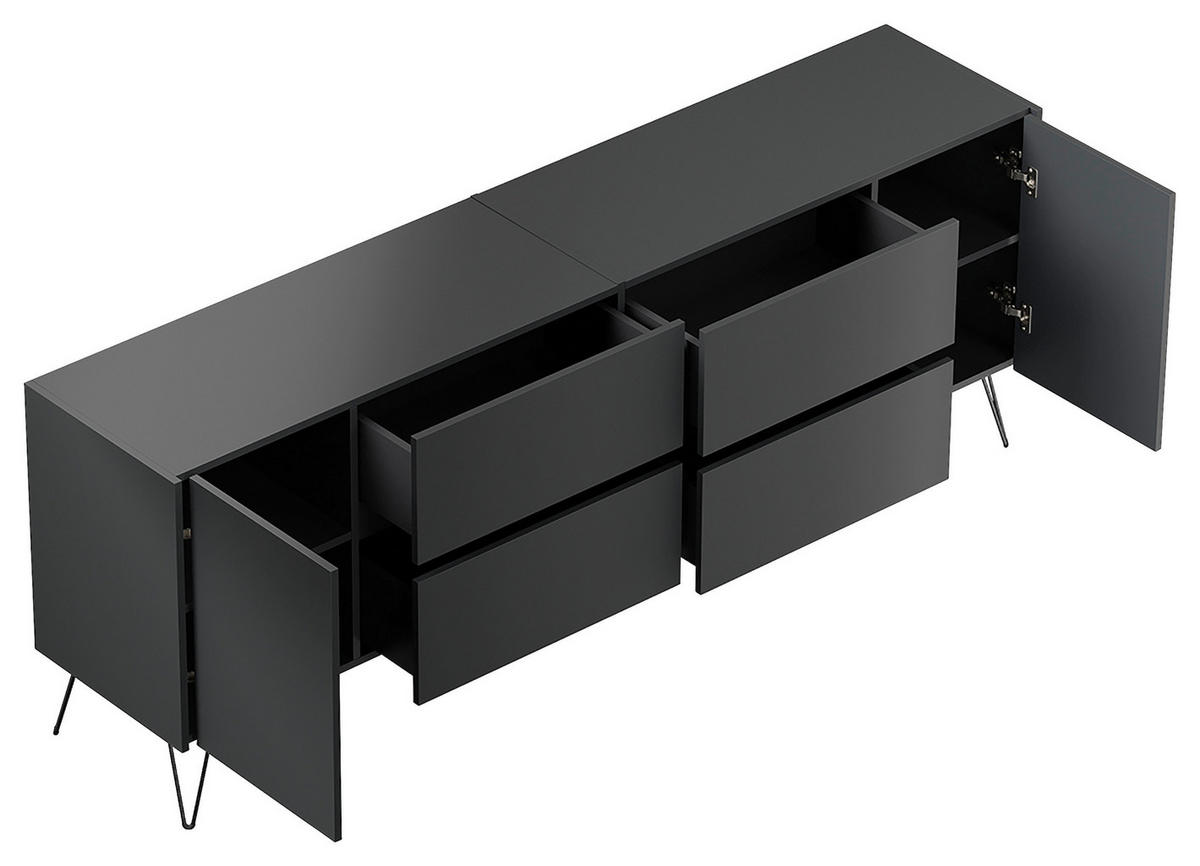 SIDEBOARD Posseik Industrial 199/75,8/42 cm 4 Schublade(n)  - Graphitfarben/Schwarz, Design, Holzwerkstoff/Metall (199/75,8/42cm) - MID.YOU