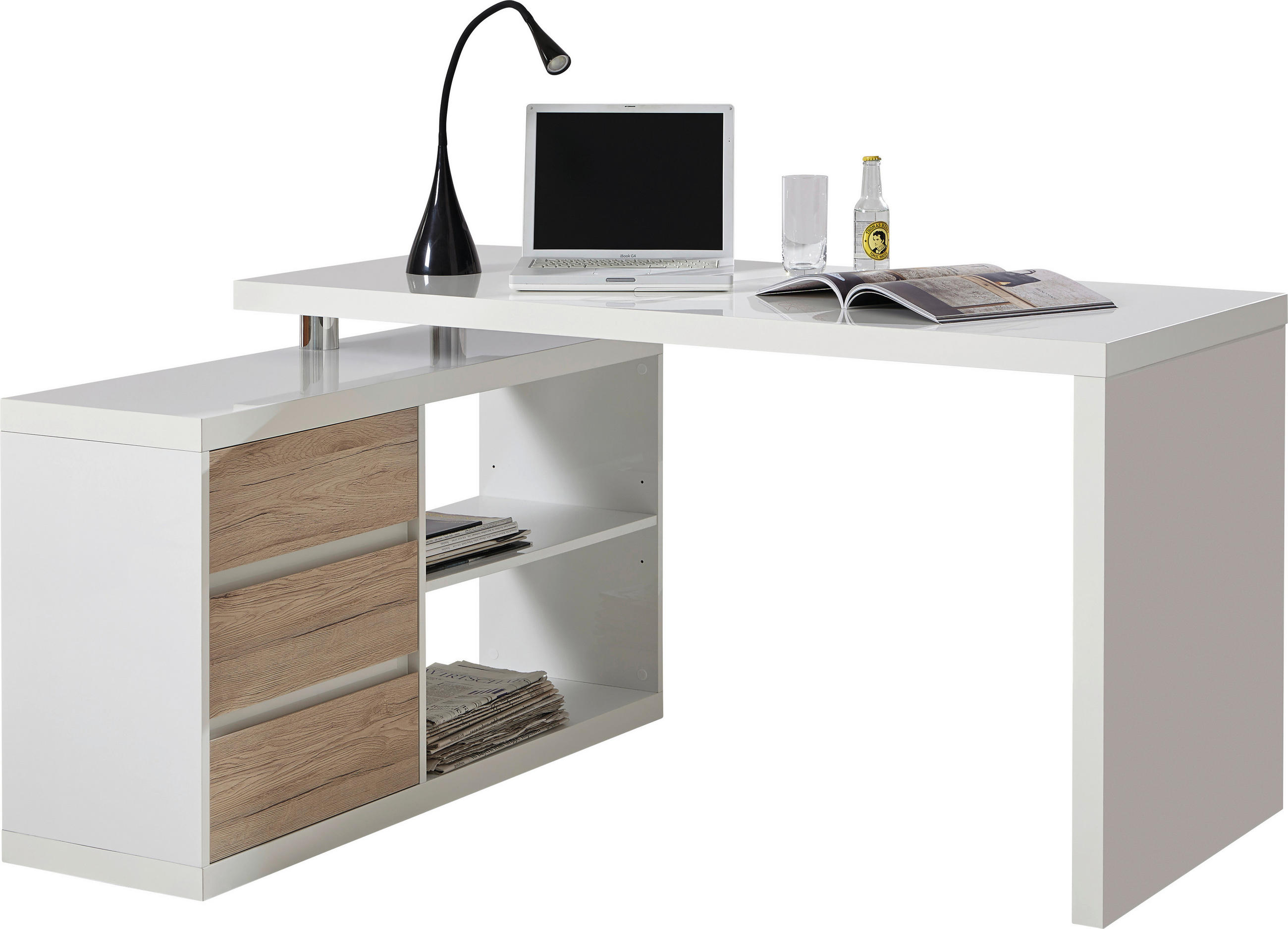 Eckschreibtisch in Weiß, Eichefarben