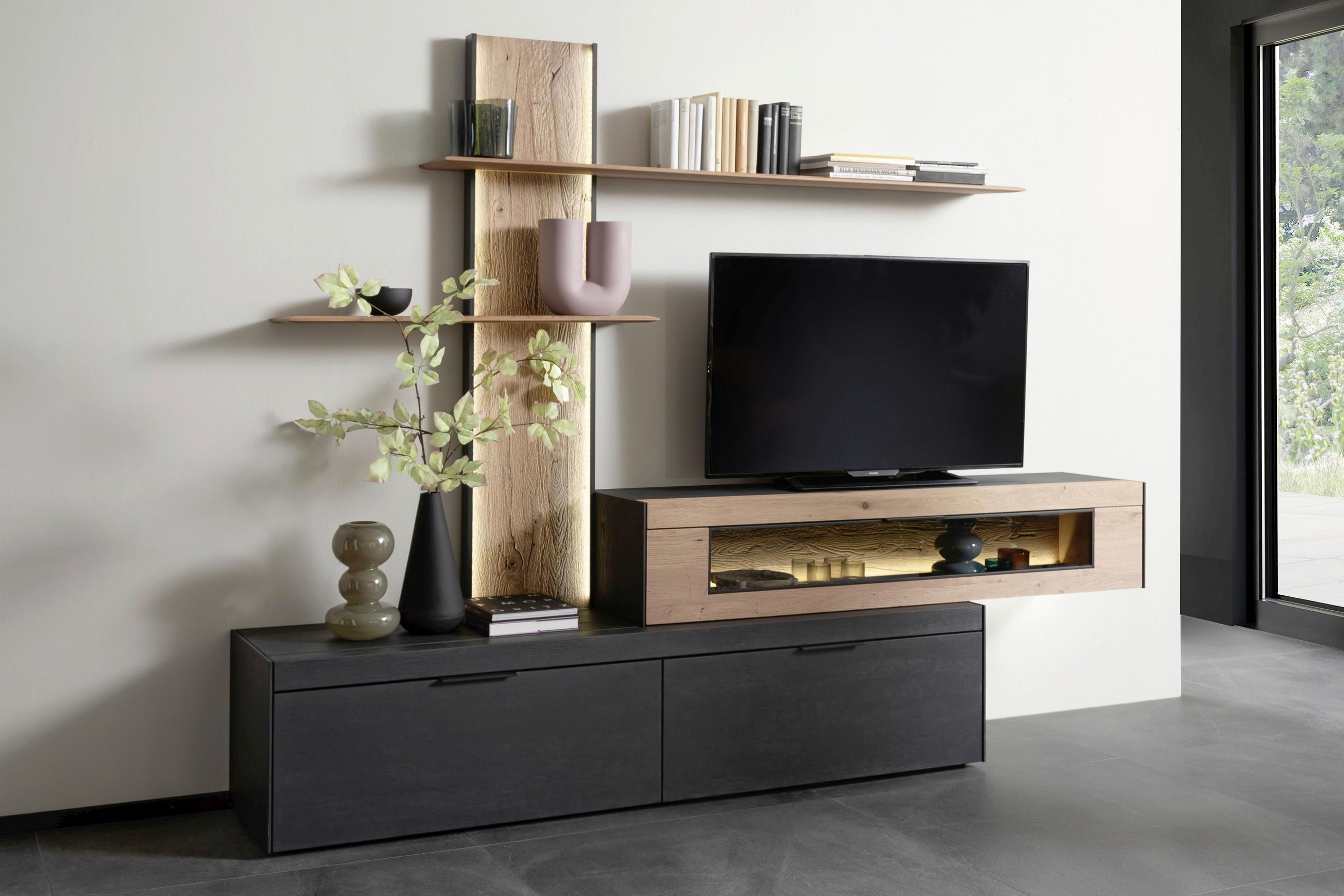 WOHNWAND YORIS  in Anthrazit, Eichefarben  300/205/49 cm  - Eichefarben/Anthrazit, KONVENTIONELL, Glas/Holz (300/205/49cm) - Schöner Wohnen