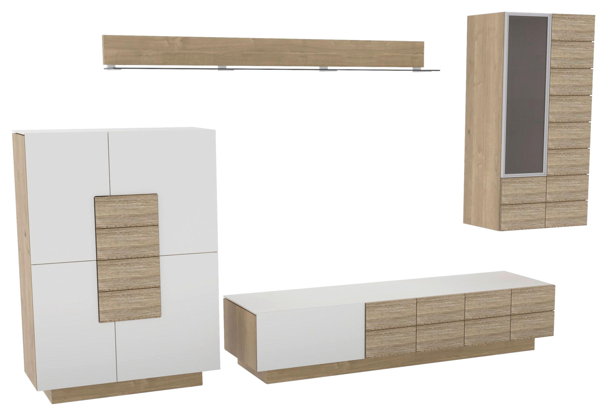 WOHNWAND Vmontanara  in Weiß, Eichefarben  336/202/55,2 cm  - Eichefarben/Weiß, Design, Glas/Holz (336/202/55,2cm) - Voglauer