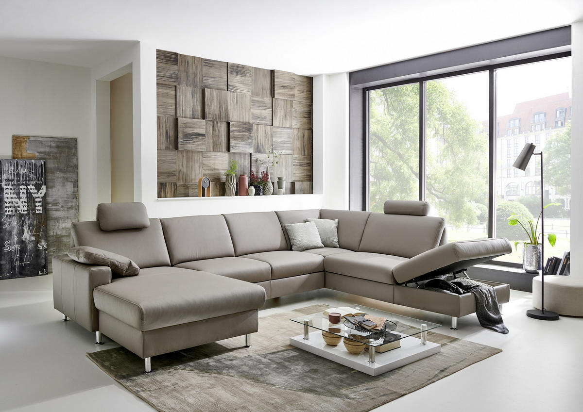 WOHNLANDSCHAFT in Echtleder Hellgrau  - Hellgrau/Alufarben, Design, Leder/Metall (165/339/233cm) - Beldomo Premium