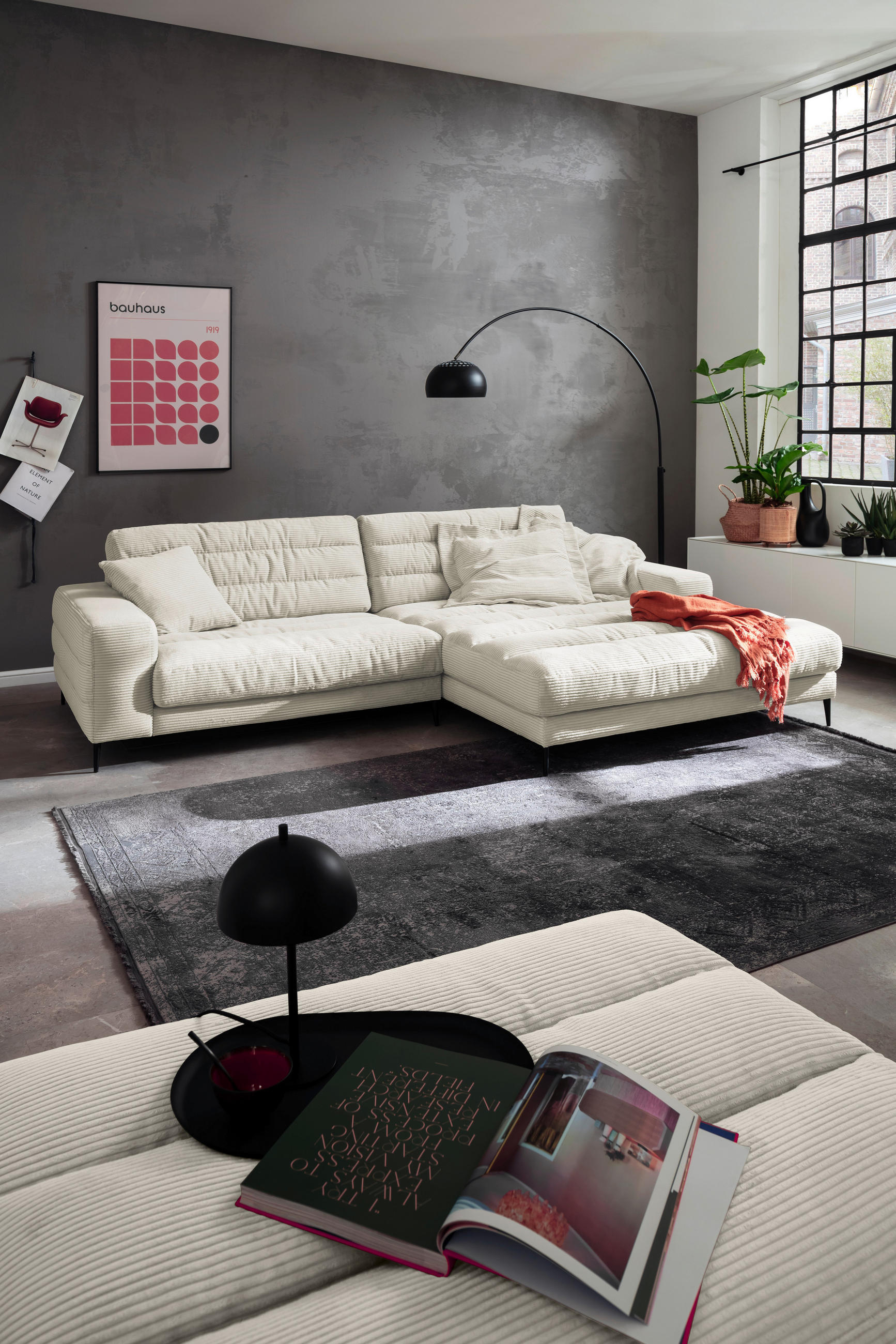 HOCKERBANK 90/83/125 cm Cord Naturfarben Metall  - Schwarz/Naturfarben, Design, Textil/Metall (90/83/125cm) - Dieter Knoll