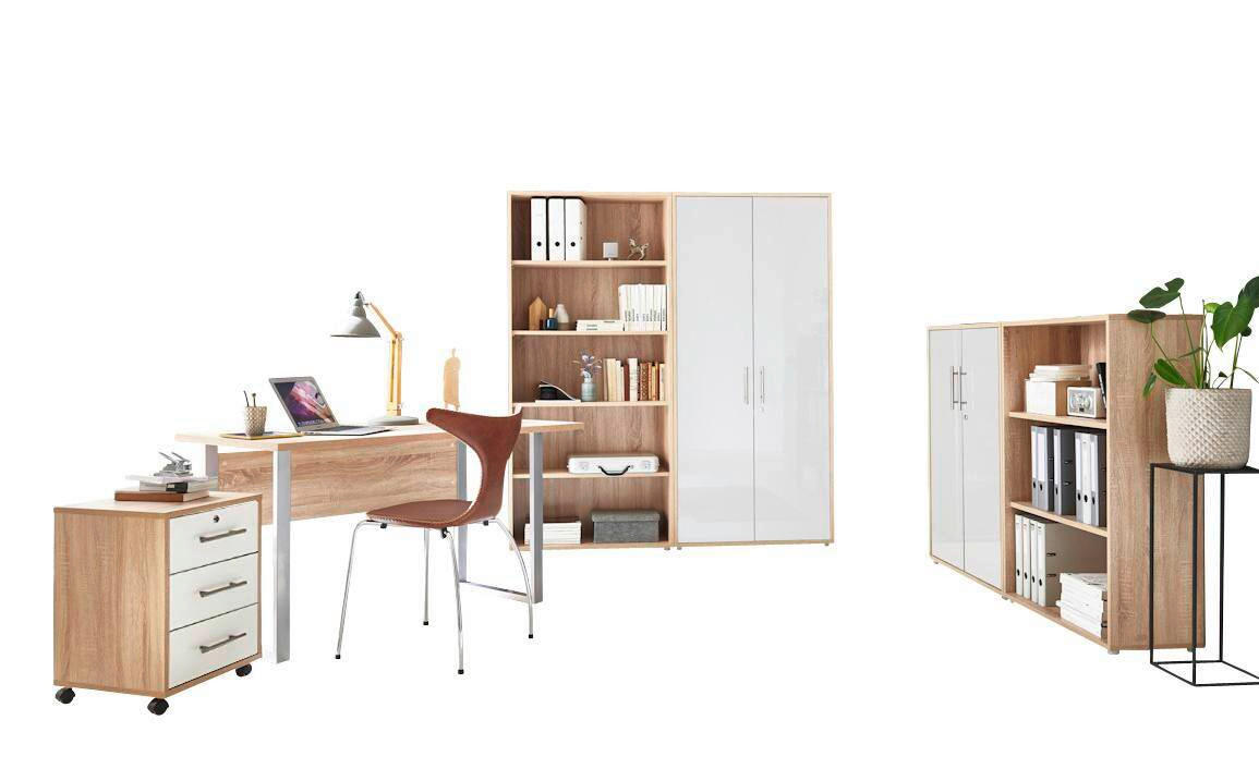 BÜRO erweiterbar, abschließbar Sonoma Eiche, Weiß Hochglanz - Weiß Hochglanz/Sonoma Eiche, MODERN, Holzwerkstoff/Metall - MID.YOU