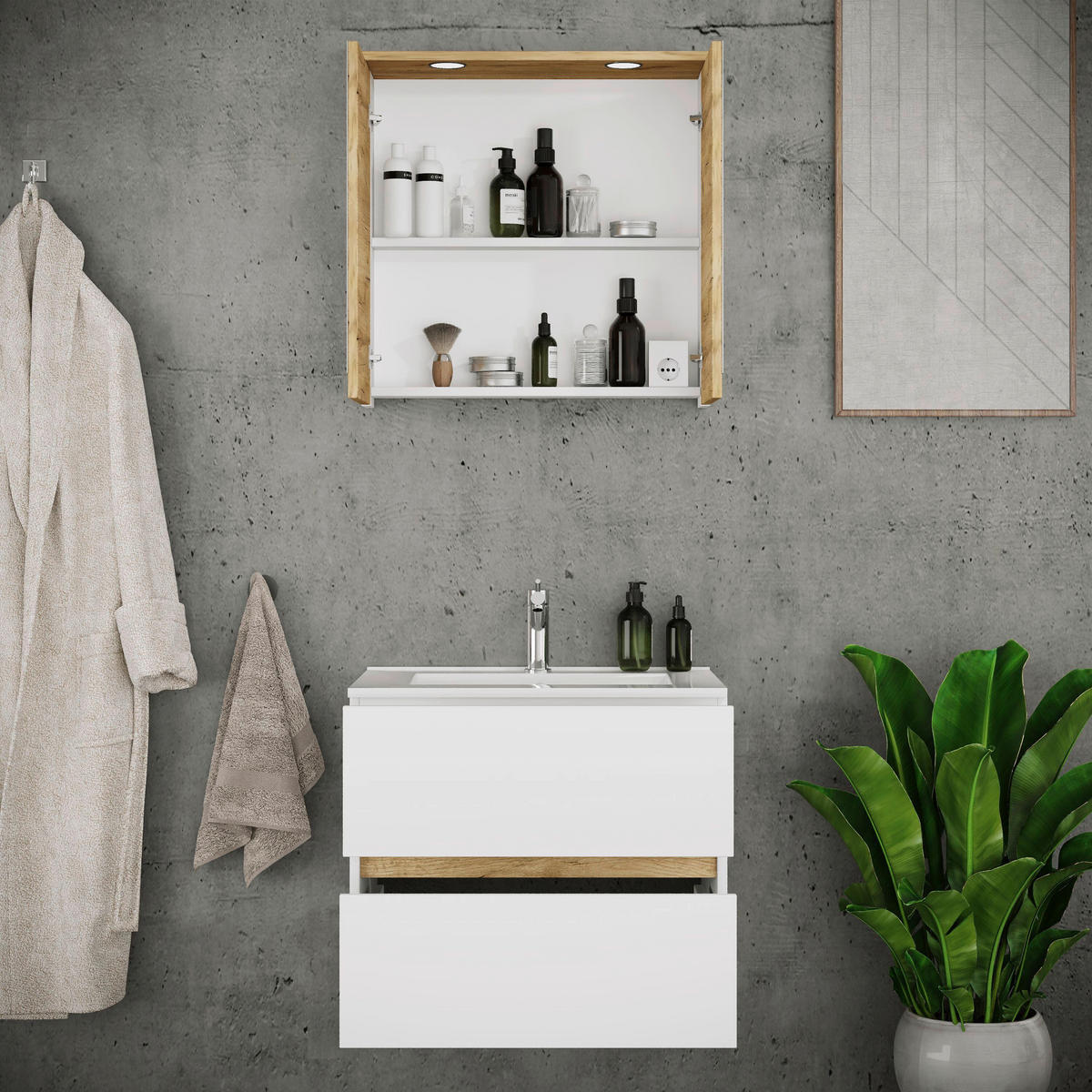 BADEZIMMER 3-teilig 61 cm  - Honigeiche/Weiss, Trend, Keramik/Holzwerkstoff (61cm) - MID.YOU