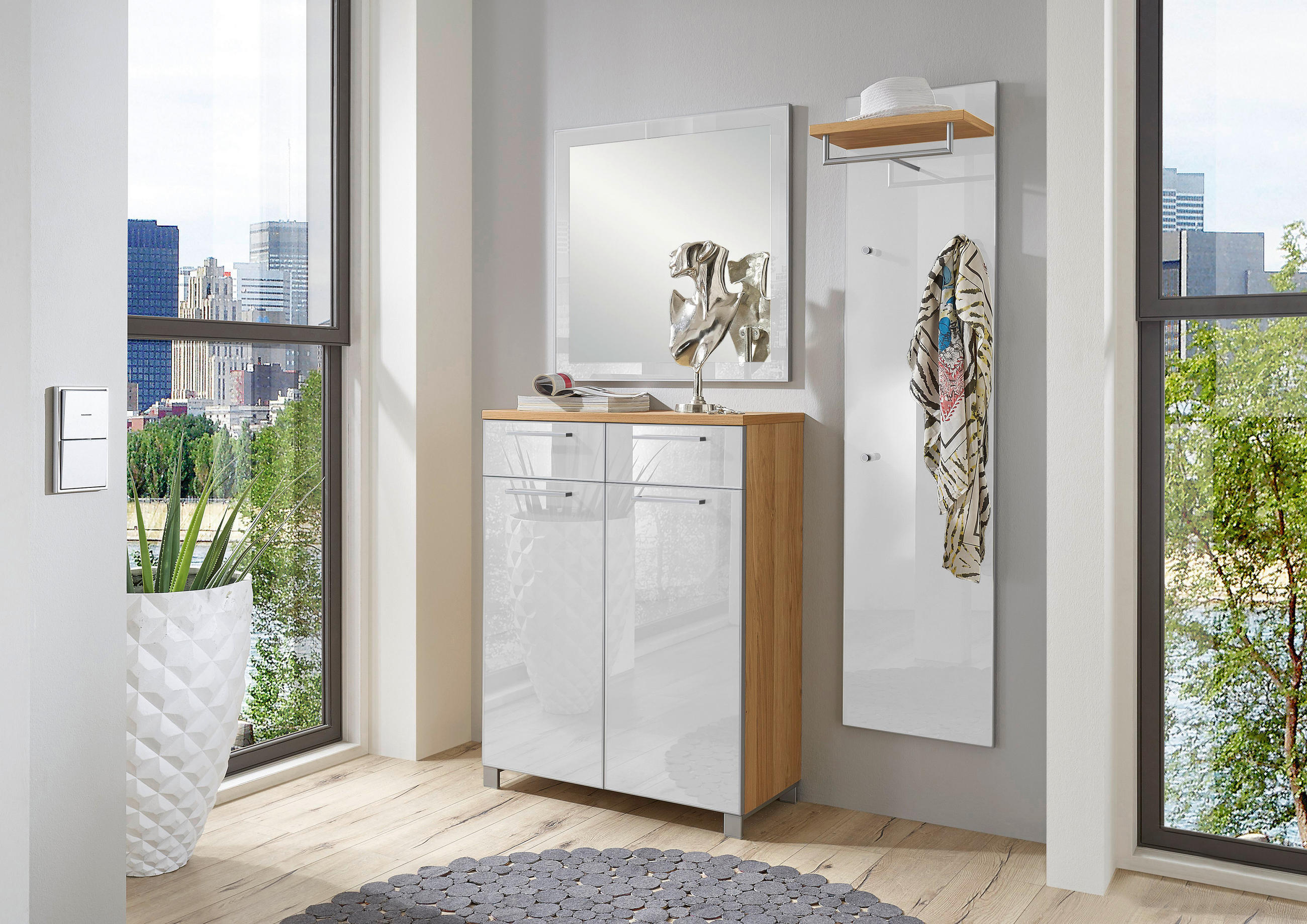 GARDEROBE Weiß, Eichefarben - Eichefarben/Weiß, Design, Glas/Holz (135/195/37cm)