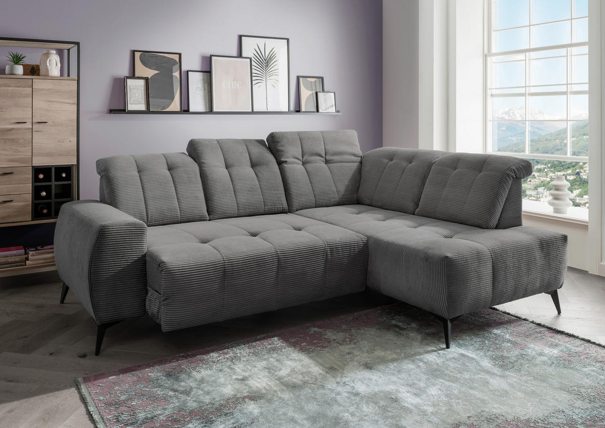 ECKSOFA Grau Cord  - Schwarz/Grau, MODERN, Textil/Metall (261/200cm) - Livetastic