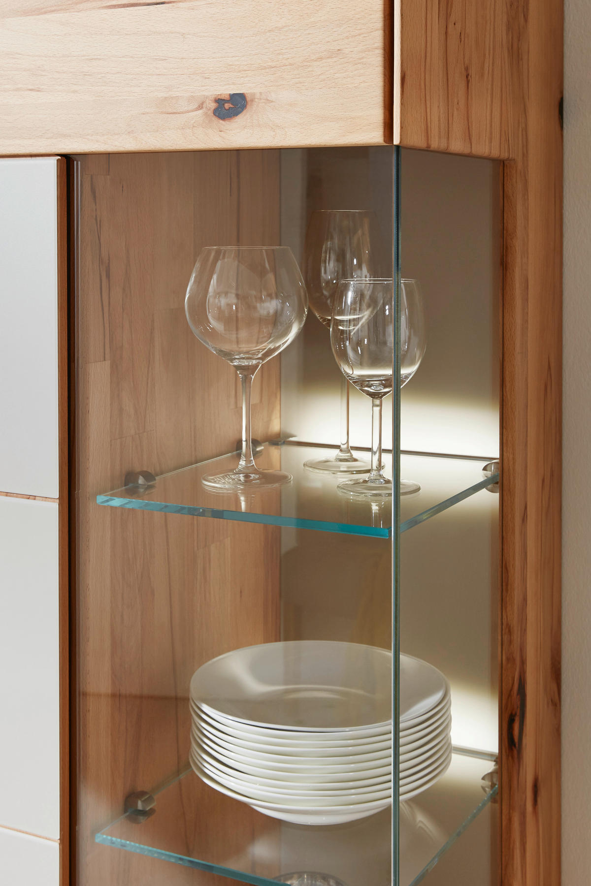 WOHNWAND Sonia  in Weiß, Buchefarben  274/206/54 cm  - Edelstahlfarben/Buchefarben, Design, Glas/Holz (274/206/54cm) - Valnatura