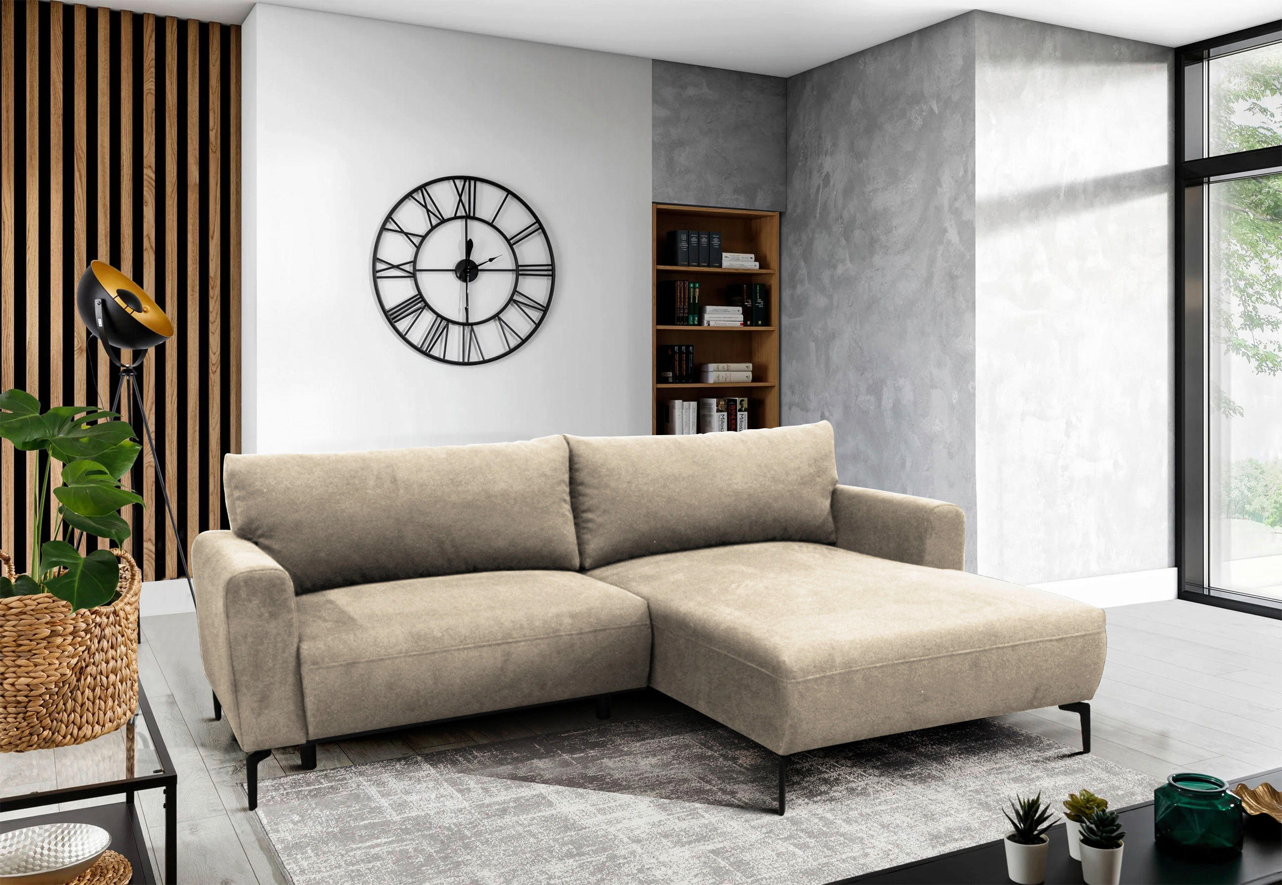 ECKSOFA in Flachgewebe Beige  240/163 cm  - Beige/Schwarz, Design, Textil/Metall (240/163cm) - MID.YOU