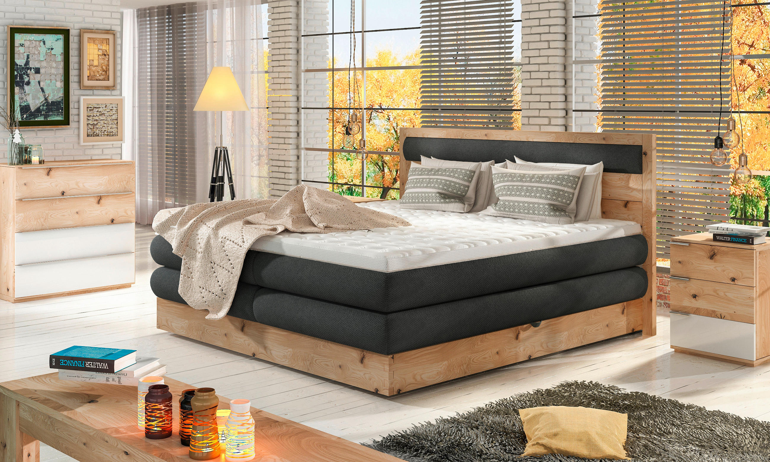 POSTEĽ BOXSPRING, 180/200 cm, drevo, textil, kompozitné drevo, antracitová, farby duba - farby duba/antracitová, Natur, drevo/kompozitné drevo (180/200cm) - Valnatura