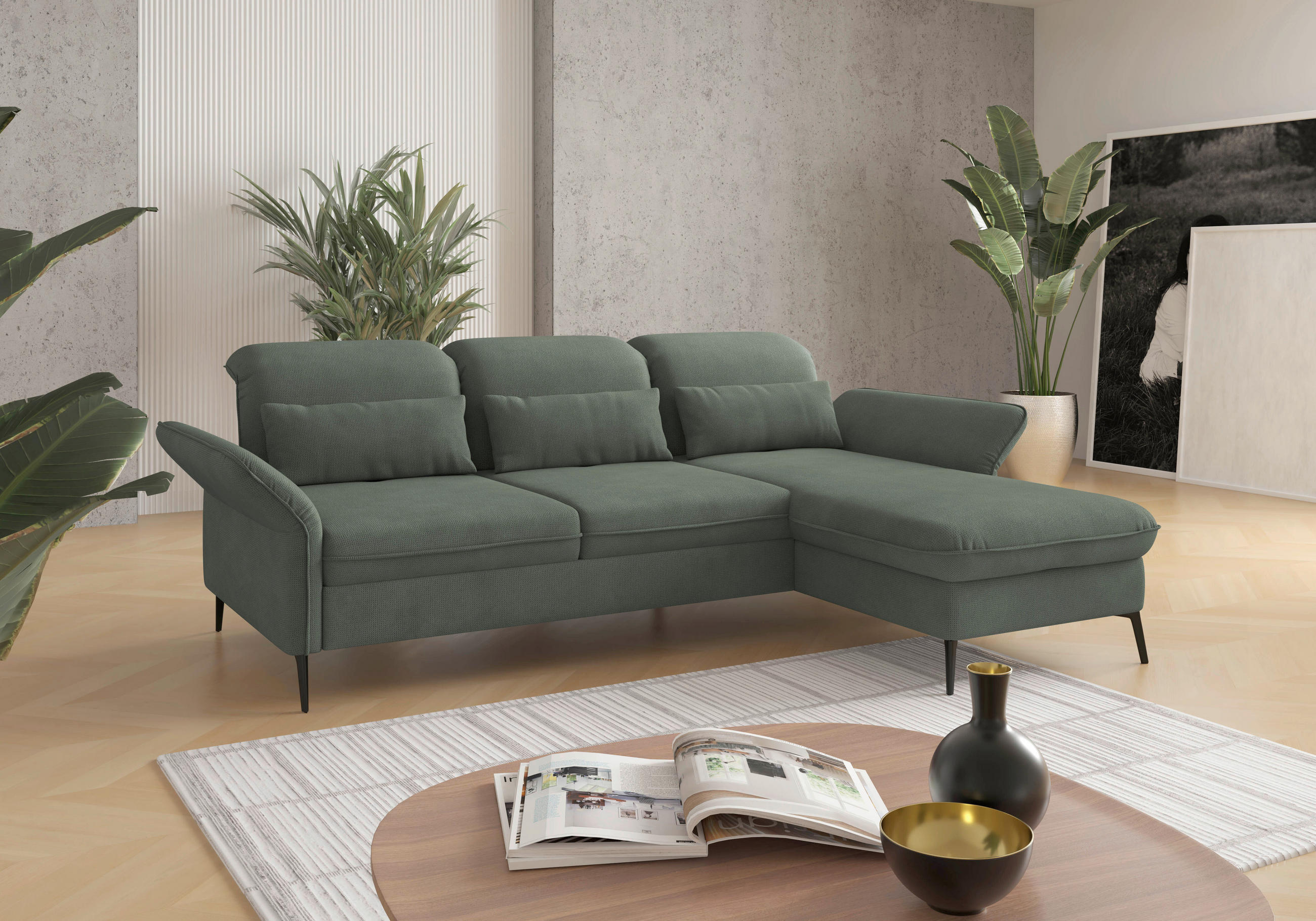 ECKSOFA 264/198 cm  in Flachgewebe Grün Armteilverstellung, Kopfteilverstellung, Sitztiefenverstellung  264/198 cm  - Schwarz/Grün, KONVENTIONELL, Textil/Metall (264/198cm) - Sit & More