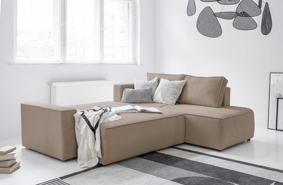 ECKSOFA Taupe Cord Rückenkissen, Bettkasten  - Taupe/Schwarz, Design, Kunststoff/Textil (247/194cm) - MID.YOU