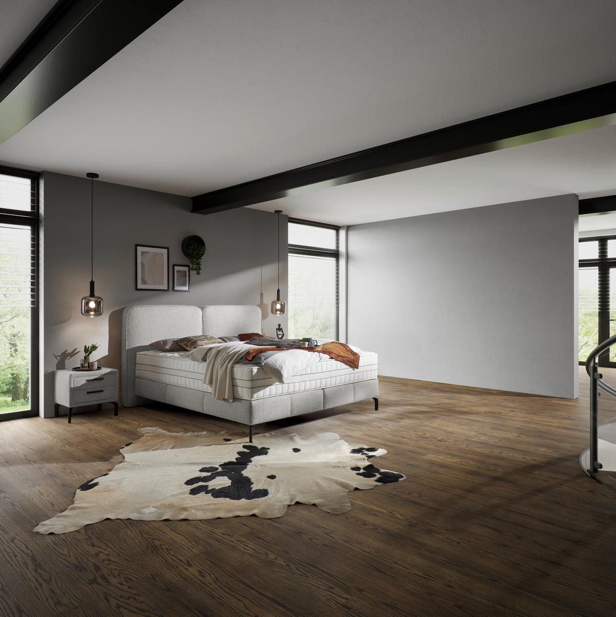 BOXSPRINGBETT 180/200 cm,  in Hellgrau, H2 + H3 = mittel + fest  - Hellgrau/Schwarz, KONVENTIONELL, Textil/Metall (180/200cm) - Voleo