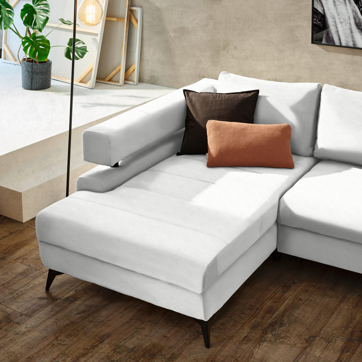 ECKSOFA in Chenille Weiss  - Weiss/Schwarz, Konventionell, Textil/Metall (184/265cm) - Hom`in