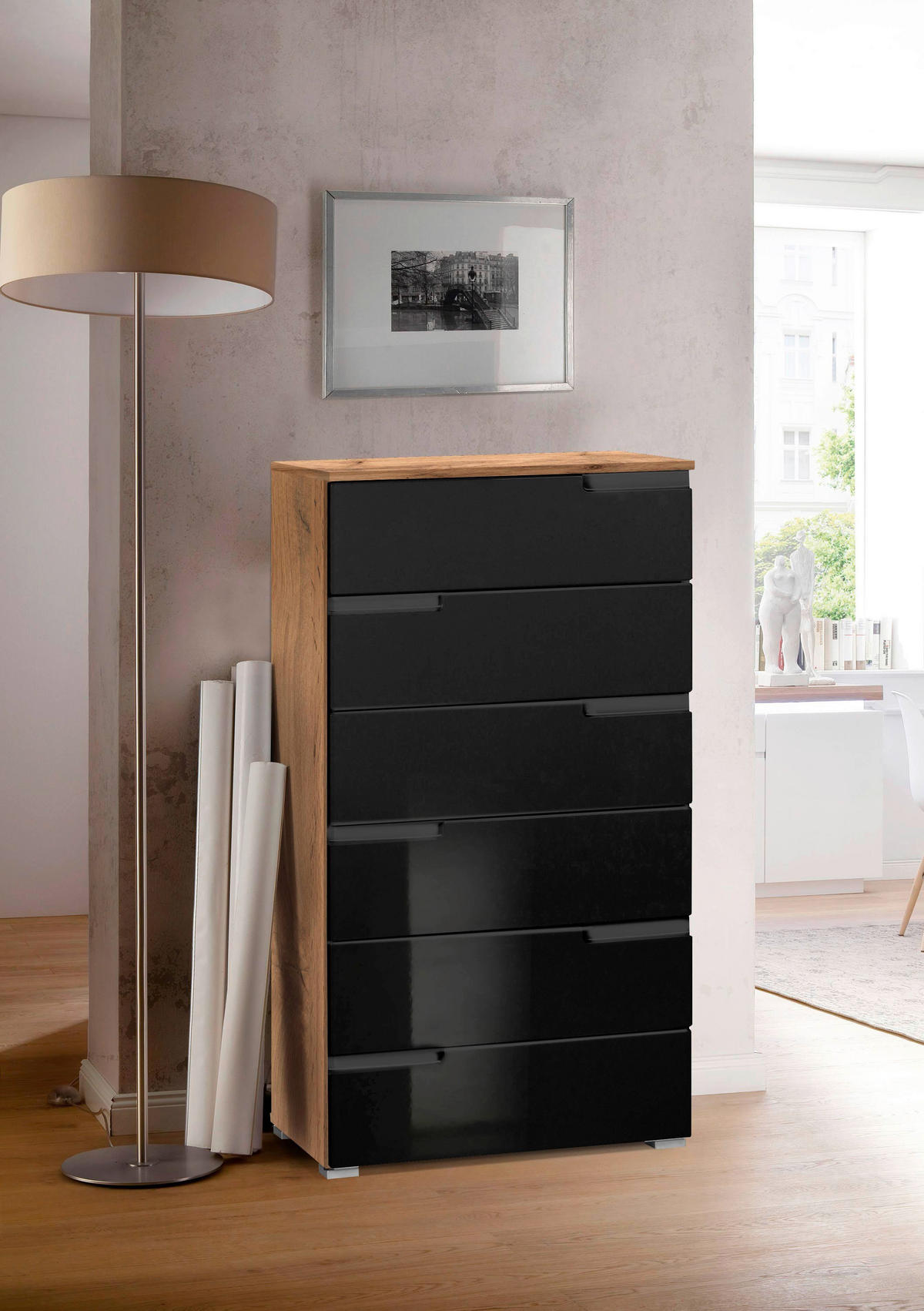 Comodă 65/117,6/40 cm  - negru lucios intens/culoare aluminiu, Basics, plastic/material pe bază de lemn (65/117,6/40cm) - Hom`in