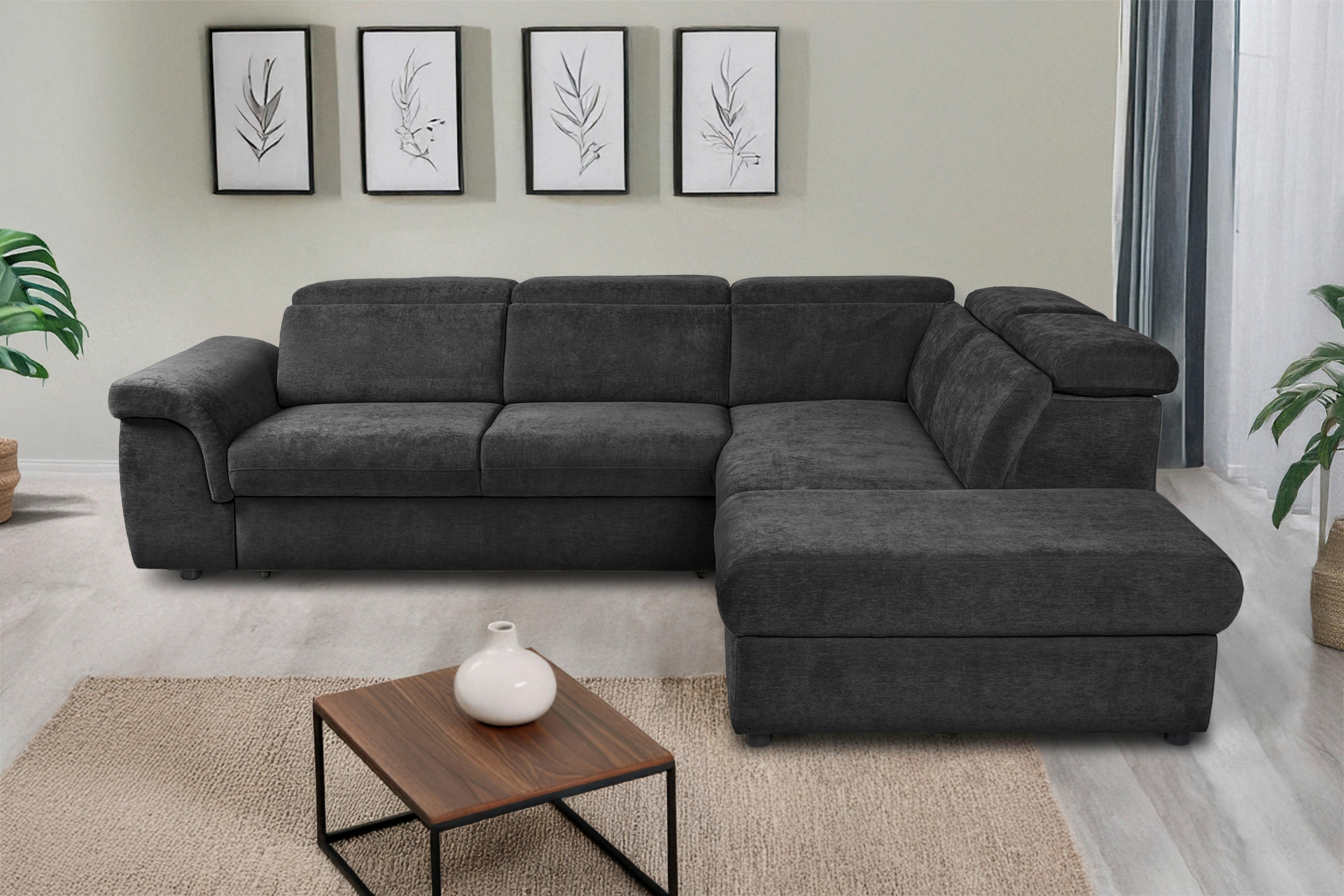 ECKSOFA Schwarz Flachgewebe  - Schwarz, KONVENTIONELL, Kunststoff/Textil (280/235cm) - Carryhome
