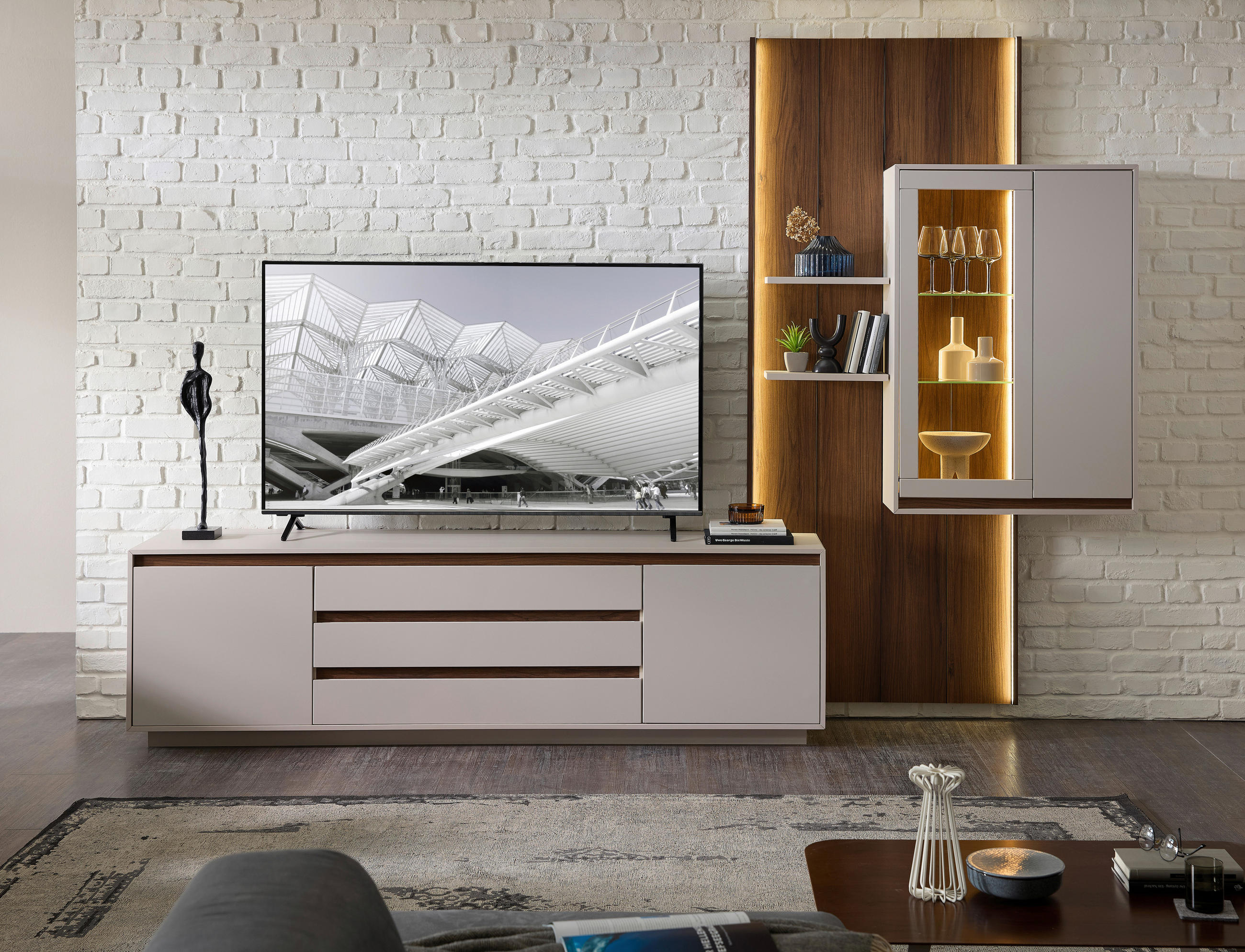 WOHNWAND  in Nussbaumfarben, Kaschmir  320/232/45 cm  - Kaschmir/Nussbaumfarben, Design, Glas/Holzwerkstoff (320/232/45cm) - Stylife