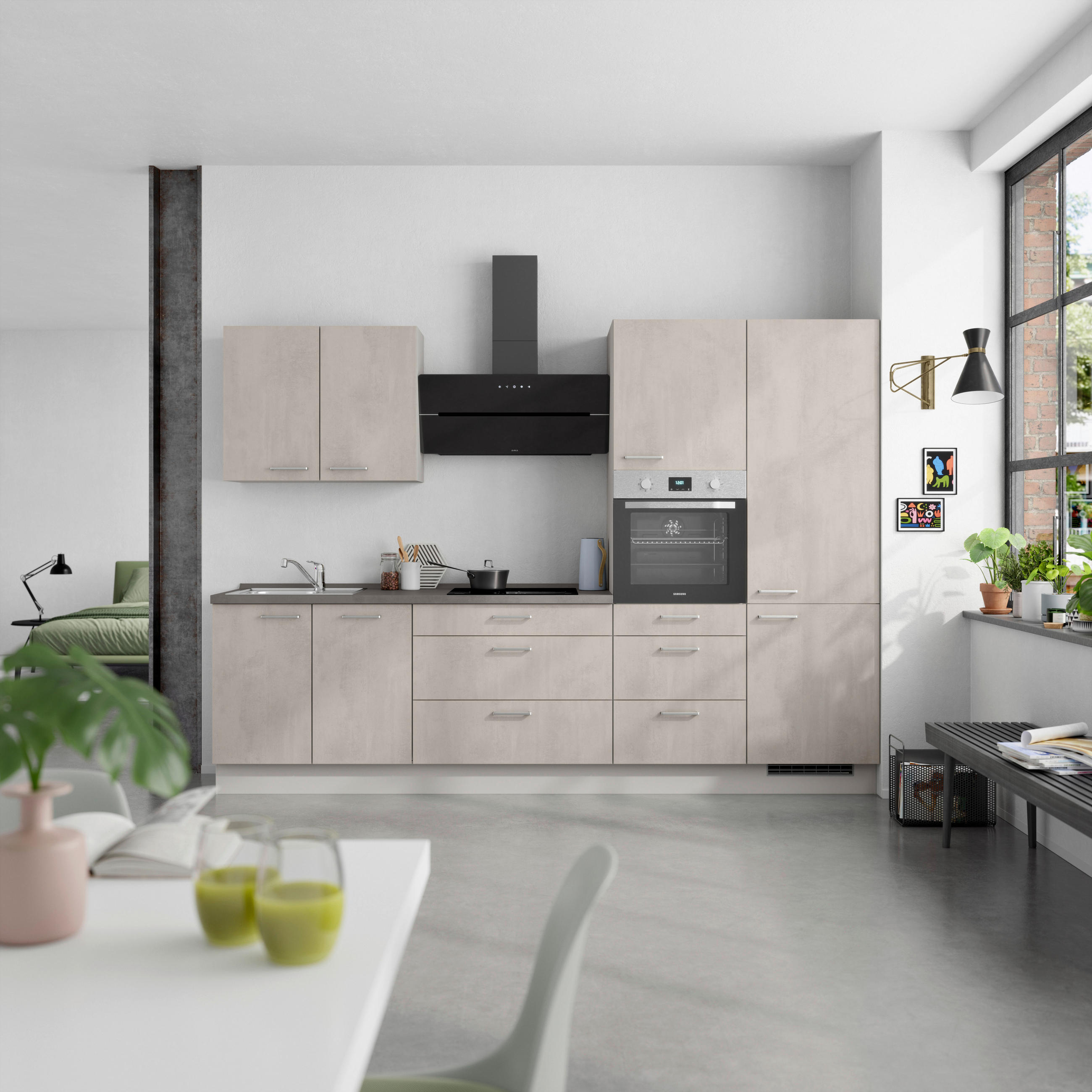 KÜCHENBLOCK Riva 300 cm  in Grau, Schieferfarben  - Schieferfarben/Edelstahlfarben, MODERN, Holzwerkstoff/Metall (300cm) - Nobilia
