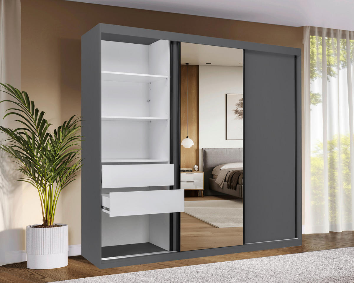 SCHIEBETÜRENSCHRANK 250/215/59,5 cm 3-türig Graphitfarben  - Graphitfarben/Schwarz, MODERN, Holzwerkstoff/Metall (250/215/59,5cm) - MID.YOU