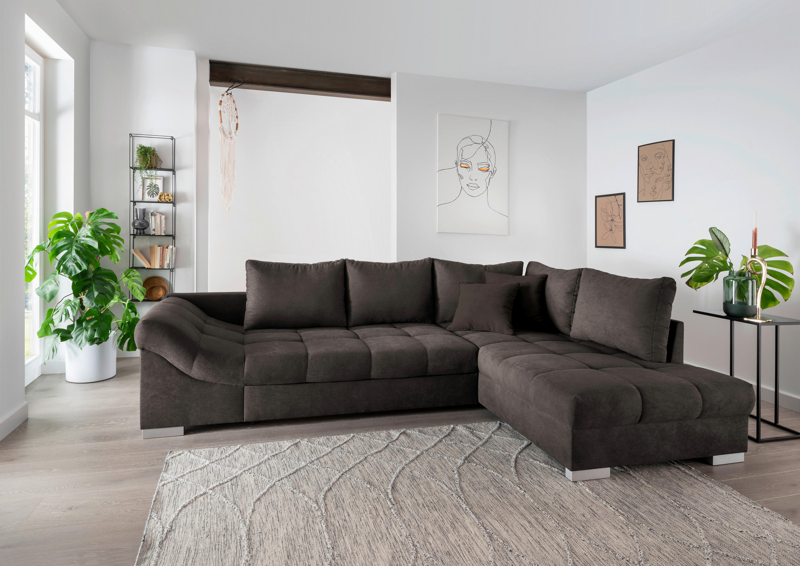 ECKSCHLAFSOFA Dunkelbraun Mikrofaser  - Dunkelbraun/Silberfarben, Design, Holz/Textil (298/202cm) - MID.YOU