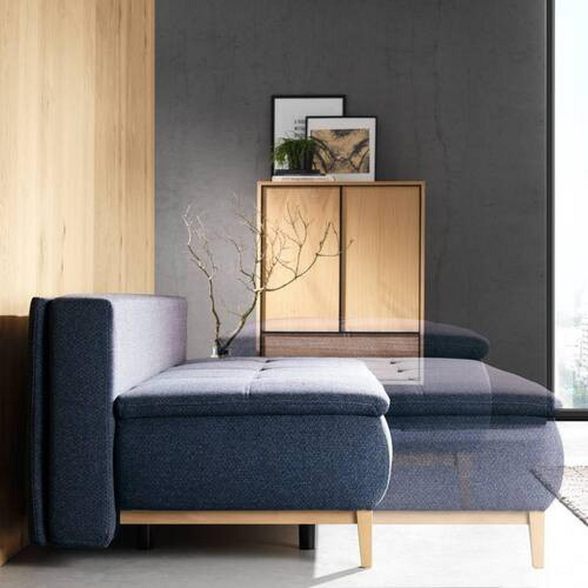 BOXSPRINGSOFA  mit Stoffauswahl, Schlafen auf Sitzhöhe Flachgewebe Dunkelblau  - Eichefarben/Beige, Design, Holz/Textil (202/78/93/100cm) - Carryhome