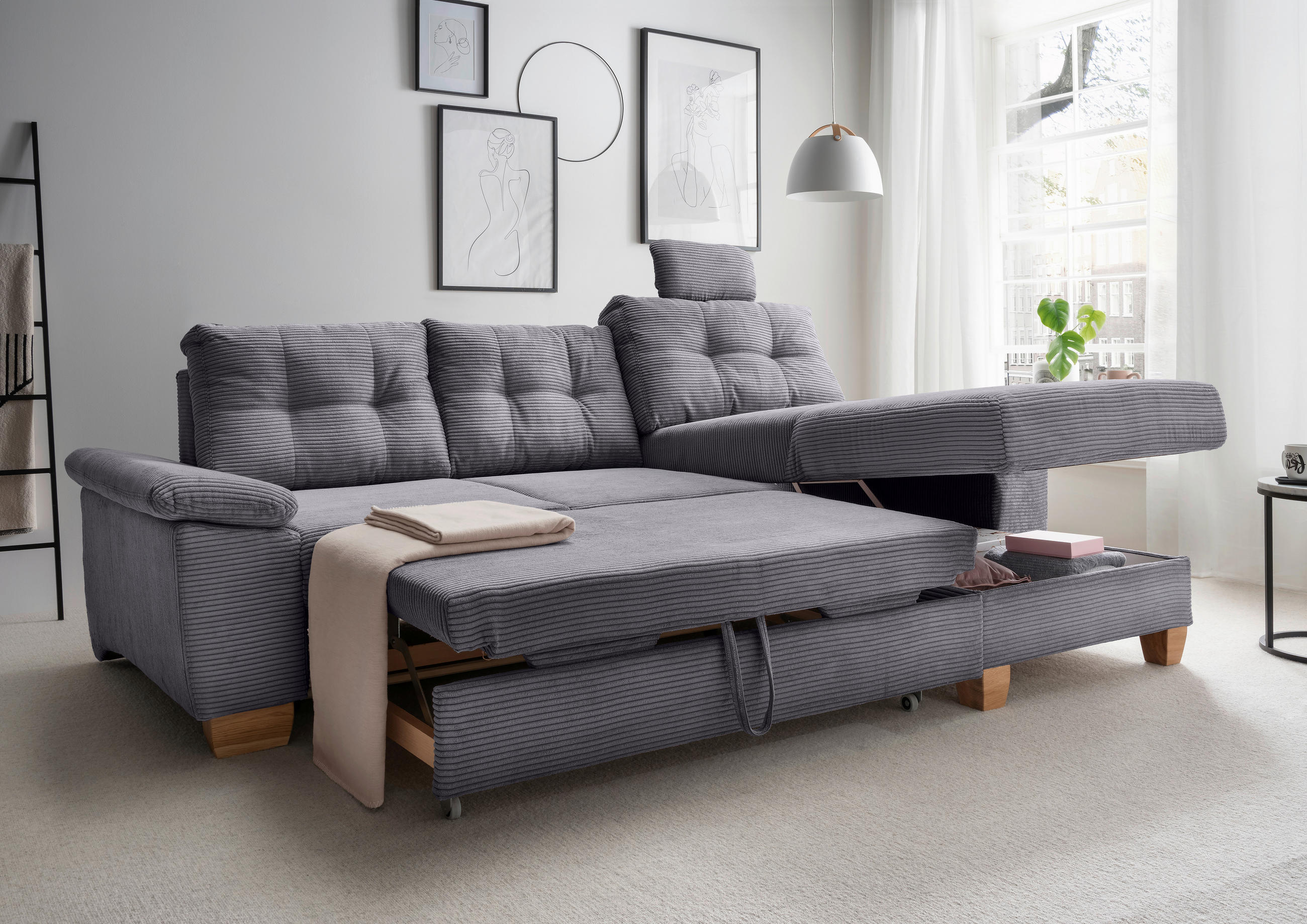 ECKSOFA in Cord Grau - Naturfarben/Grau, Modern, Holz/Textil (270/176cm) - Livetastic