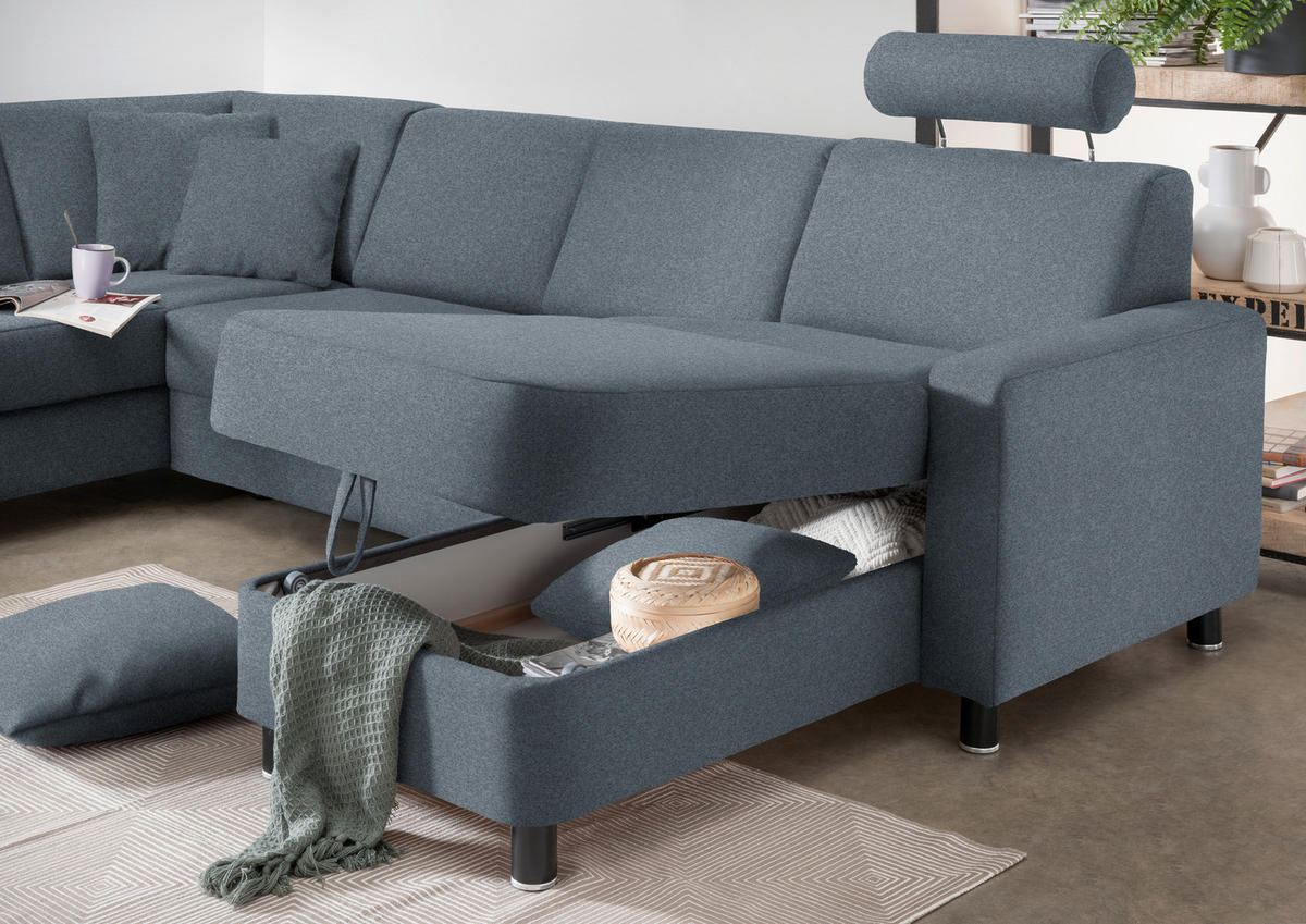 WOHNLANDSCHAFT  in Webstoff Blaugrau  - Blaugrau/Schwarz, Design, Holz/Textil (198/296/165cm) - Xora