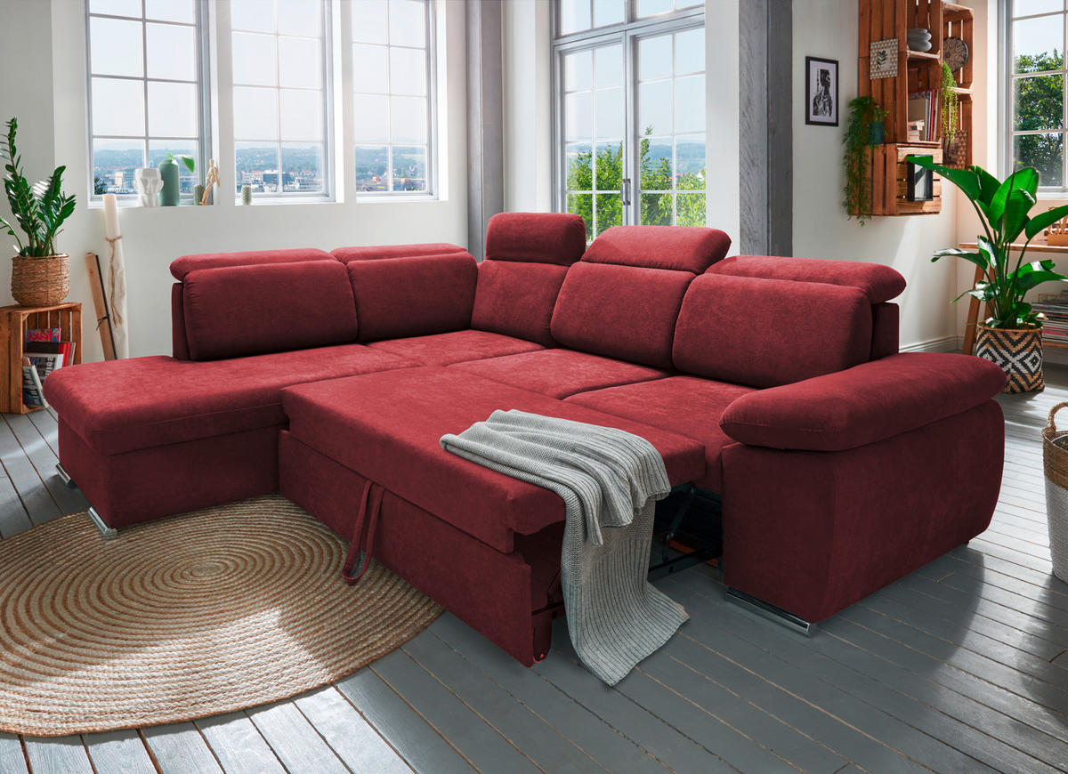 ECKSOFA Bordeaux Mikrofaser  - Chromfarben/Bordeaux, Design, Textil/Metall (228/283cm) - Livetastic