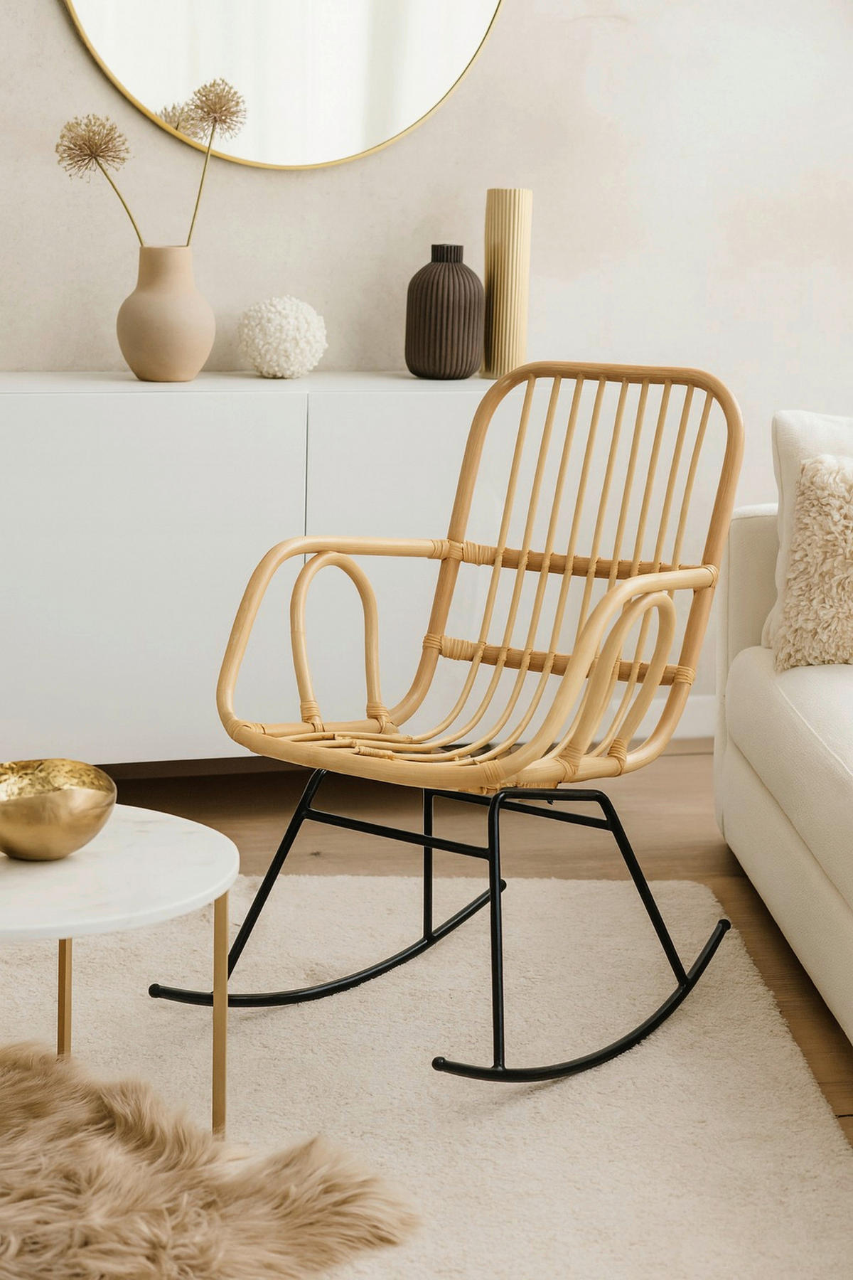 SCHAUKELSTUHL in Naturfarben, Beige  - Beige/Schwarz, Natur, Holz/Metall (57/95/84cm) - MID.YOU