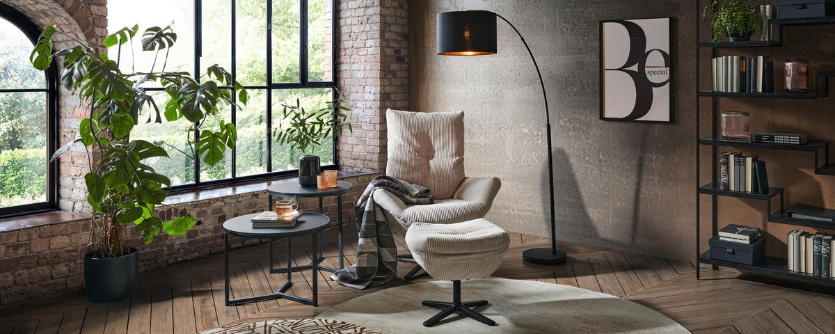 RELAXSESSELSET Cord Relaxfunktion, Hocker    - Beige/Schwarz, Design, Textil/Metall (77/100/78cm) - Carryhome