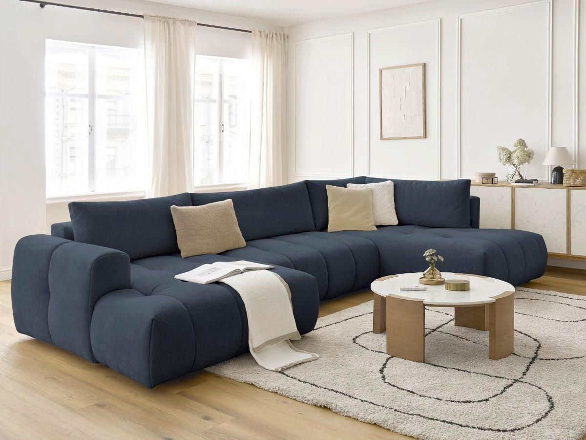 WOHNLANDSCHAFT  FUJI  Dunkelblau Leinenoptik  - Schwarz/Dunkelblau, MODERN, Kunststoff/Textil (160/377/204cm)