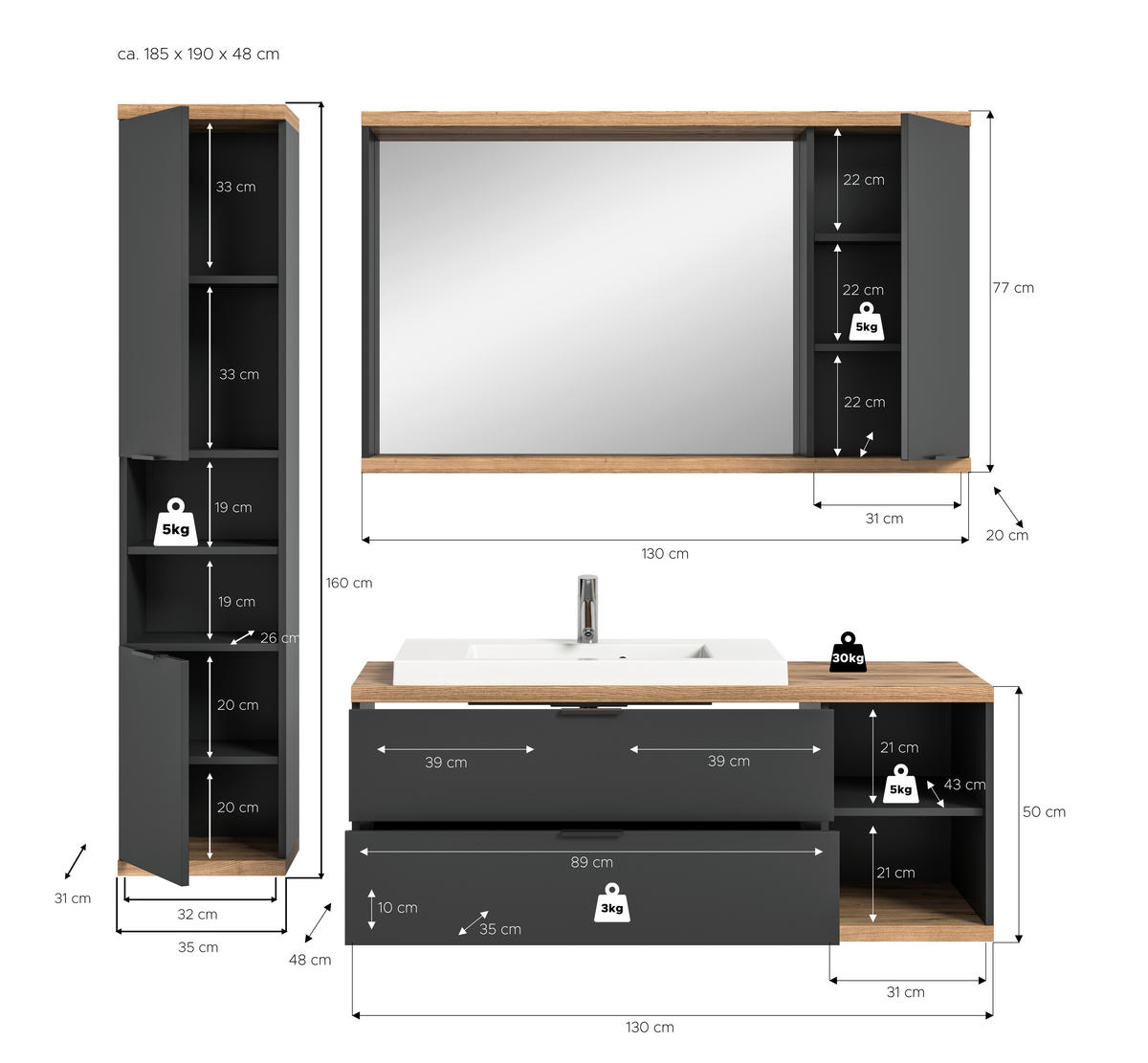 BADEZIMMER 4-teilig  in 186 cm  - Anthrazit/Schwarz, Basics, Glas/Holzwerkstoff (186cm) - MID.YOU