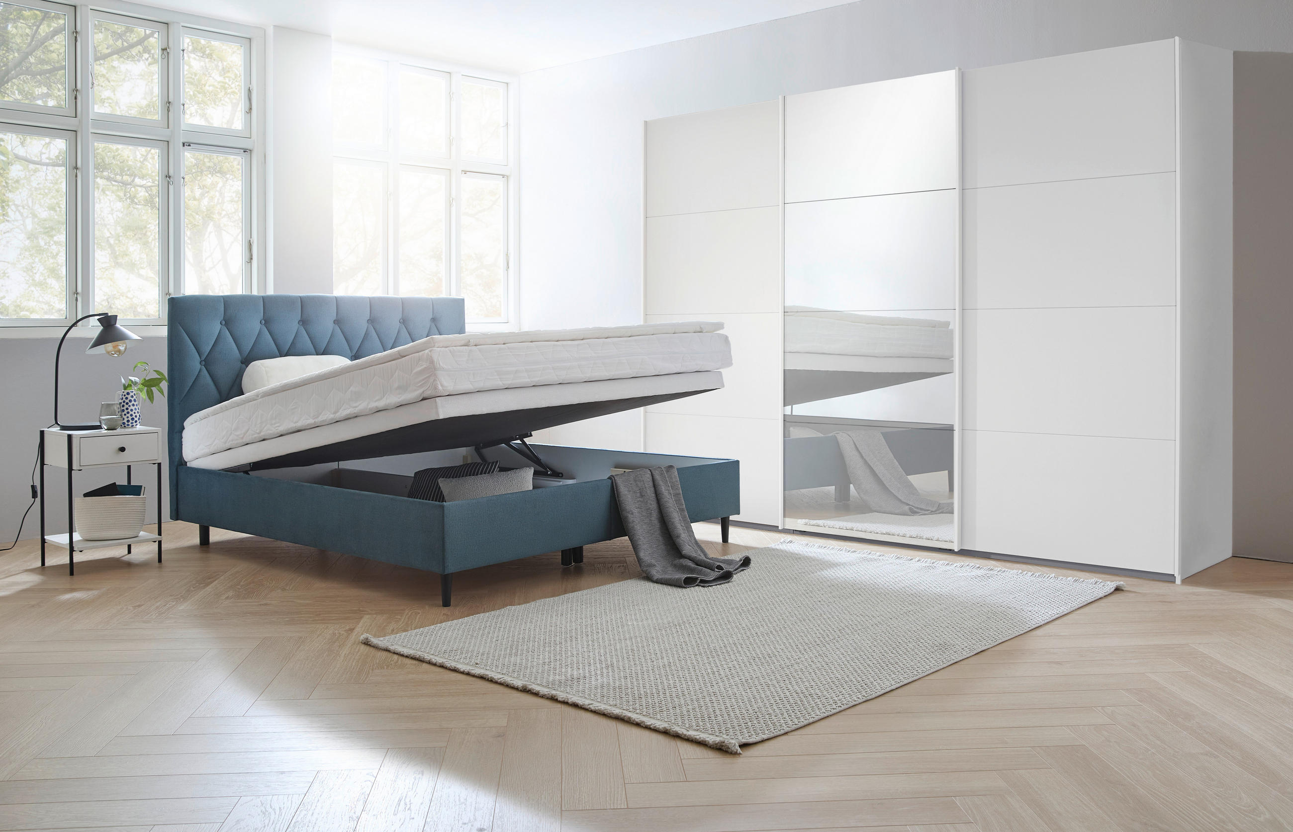 Thumbnail - home24 Boxbett, Grau, Textil, H2, Höhe ca. 18 cm, 180x200 cm, Bettkasten, Federkernmatratze, Topper geteilt, Schlafzimme...