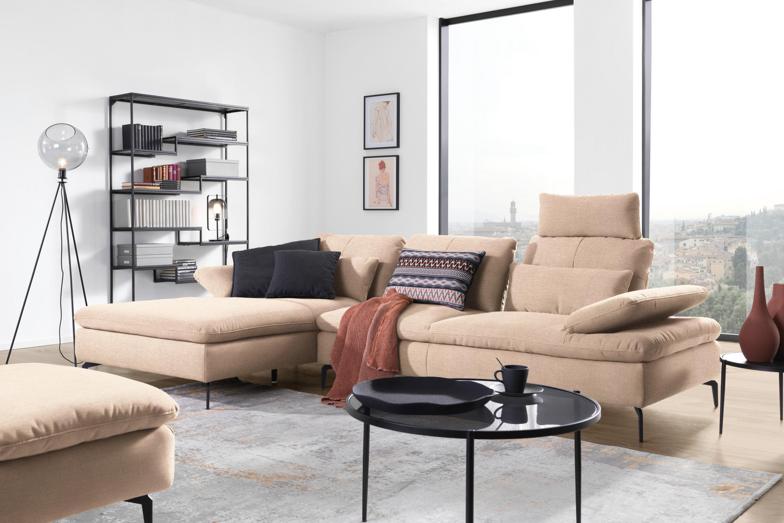 ECKSOFA in Webstoff Hellbraun  179/301 cm  - Hellbraun/Schwarz, Design, Textil/Metall (179/301cm) - Chilliano