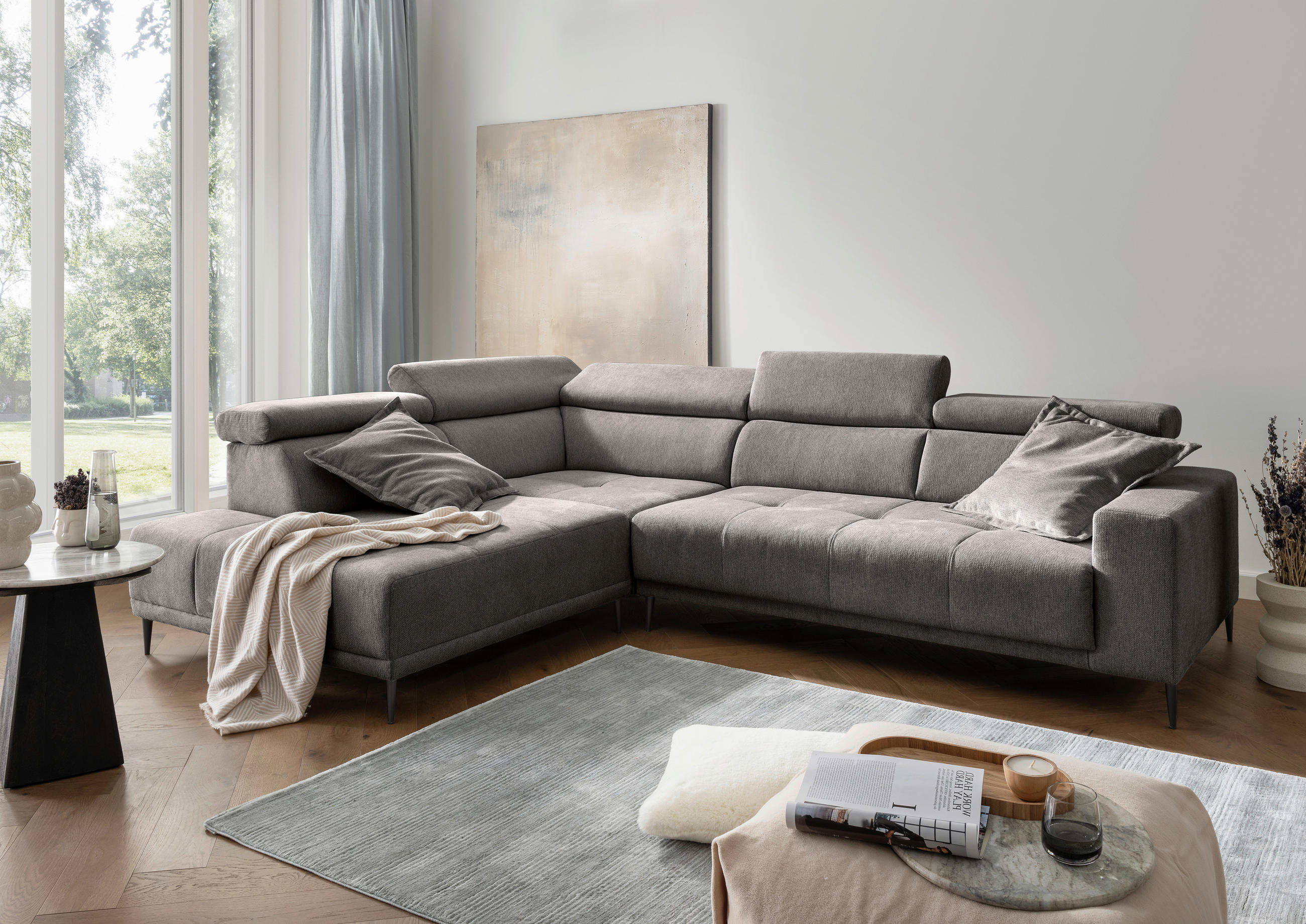 ECKSOFA INTERA in Chenille Graubraun  225/305 cm  - Graubraun/Schwarz, KONVENTIONELL, Textil/Metall (225/305cm) - Livetastic