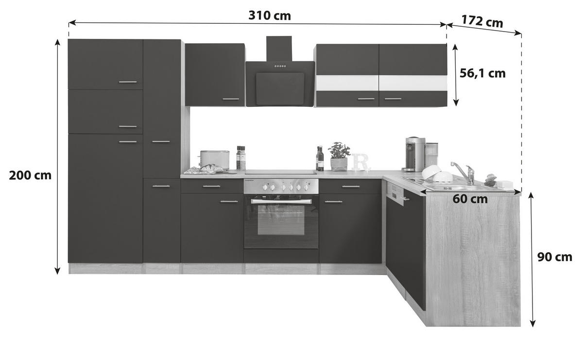 KÜCHENLEERBLOCK  310/172 cm  in Schwarz  - Eichefarben/Silberfarben, Basics, Holzwerkstoff/Metall (310/172cm) - Respekta