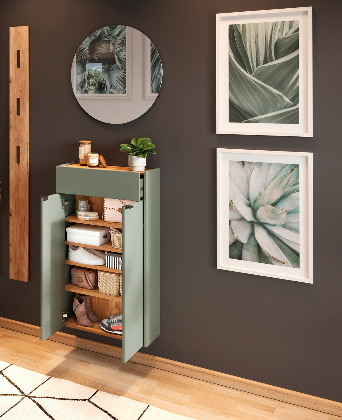 GARDEROBE 3-teilig  in 86/200/22 cm  - Eichefarben/Grün, Design, Glas/Holzwerkstoff (86/200/22cm)