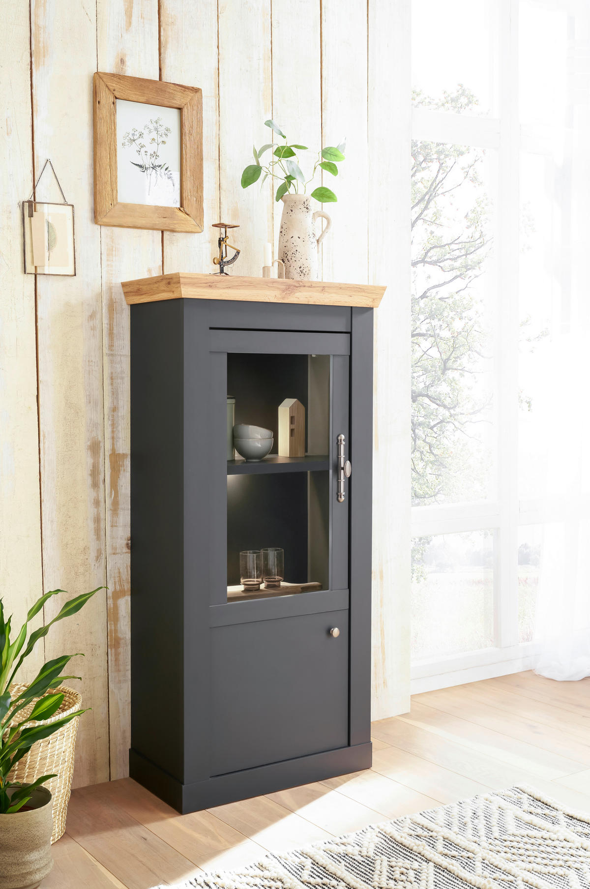 VITRINE in Anthrazit, Eiche Wotan  - Anthrazit/Silberfarben, Design, Holzwerkstoff/Metall (72/146/38cm) - MID.YOU
