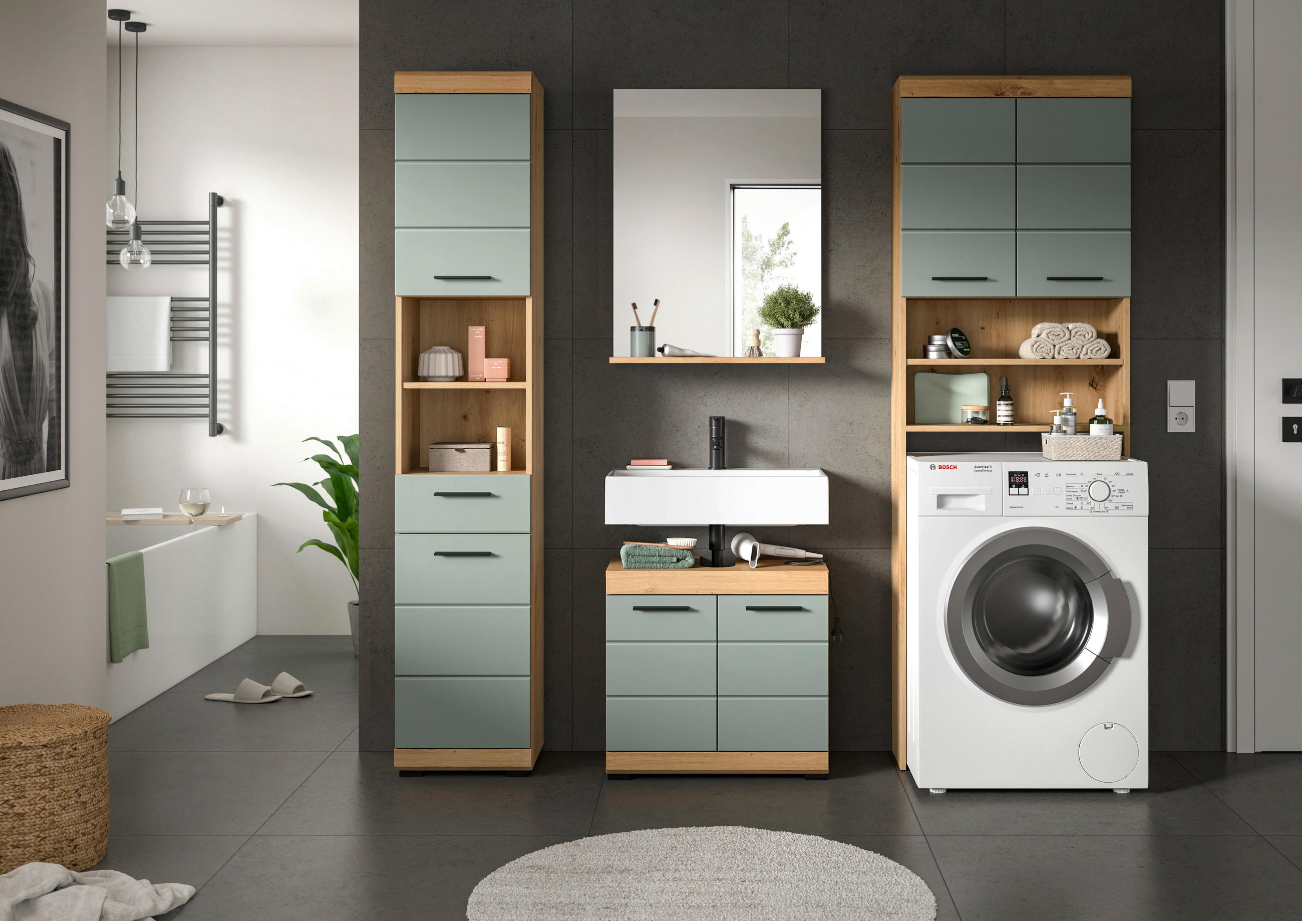 BADEZIMMER 4-teilig  in 180 cm  - Salbeigrün/Schwarz, MODERN, Glas/Holzwerkstoff (180cm) - MID.YOU