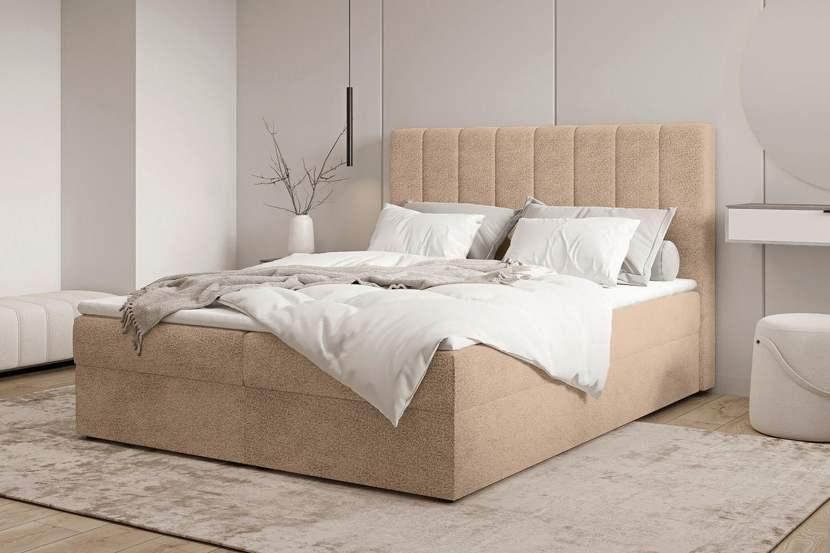 BOXBETT 140/200 cm,  in Beige, Bettkasten, Topper,  - Beige/Schwarz, MODERN, Holz/Kunststoff (140/200cm) - MID.YOU