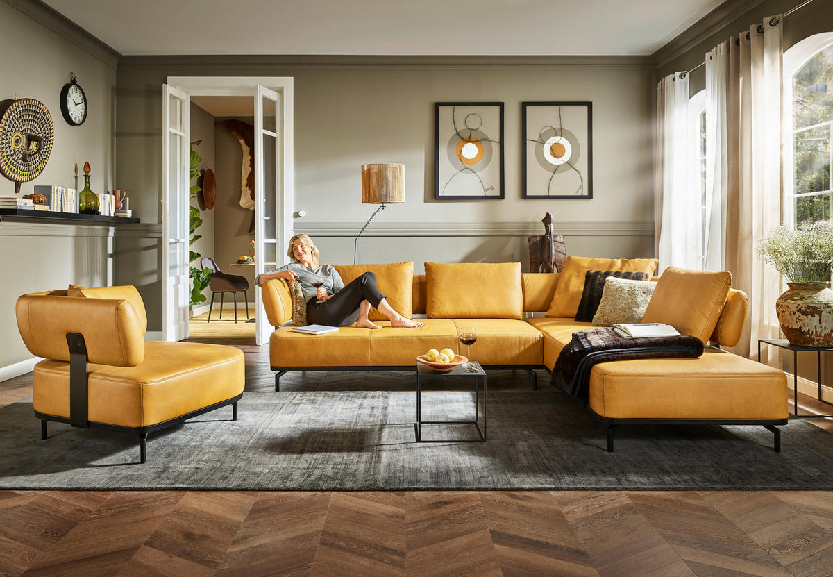 ECKSOFA in Echtleder Dunkelgelb  - Dunkelgelb/Schwarz, Design, Leder/Metall (302/237cm) - Dieter Knoll