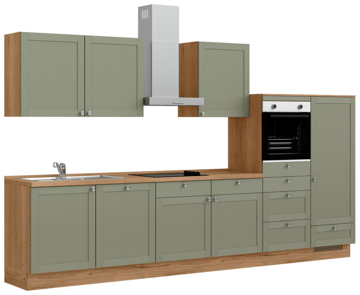 KÜCHENBLOCK Frame 360 cm  in Eichefarben, Olivgrün  - Edelstahlfarben/Eichefarben, MODERN, Holzwerkstoff/Metall (360cm) - Nobilia
